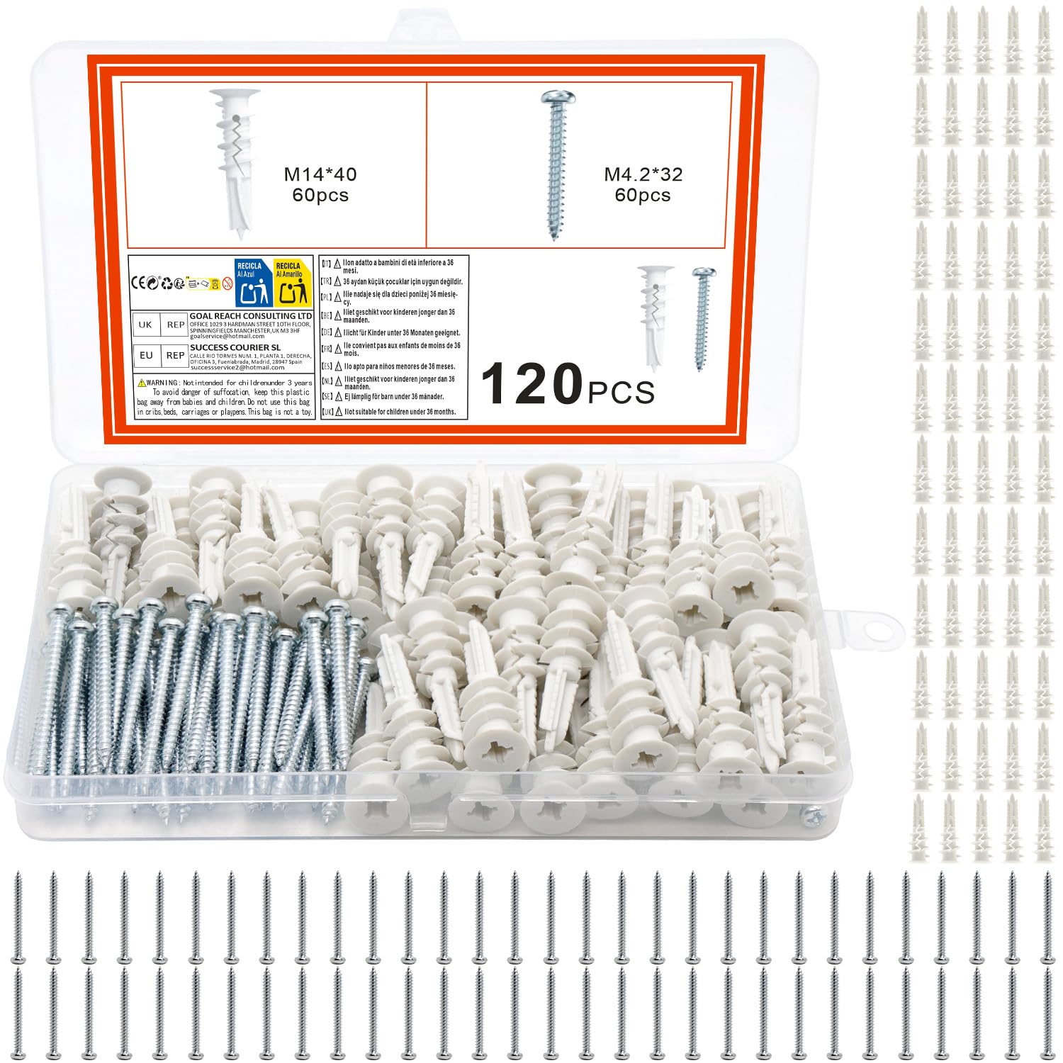 120 PcsPlasterboard Wall Plugs and Screws,Heavy Duty Plasterboard Fixings,60 Plasterboard Screws and 60 Raw Plugs Assorted Drywall Anchors for Cavity Walls Fixings Plaster Board Wall Fixing Screwss