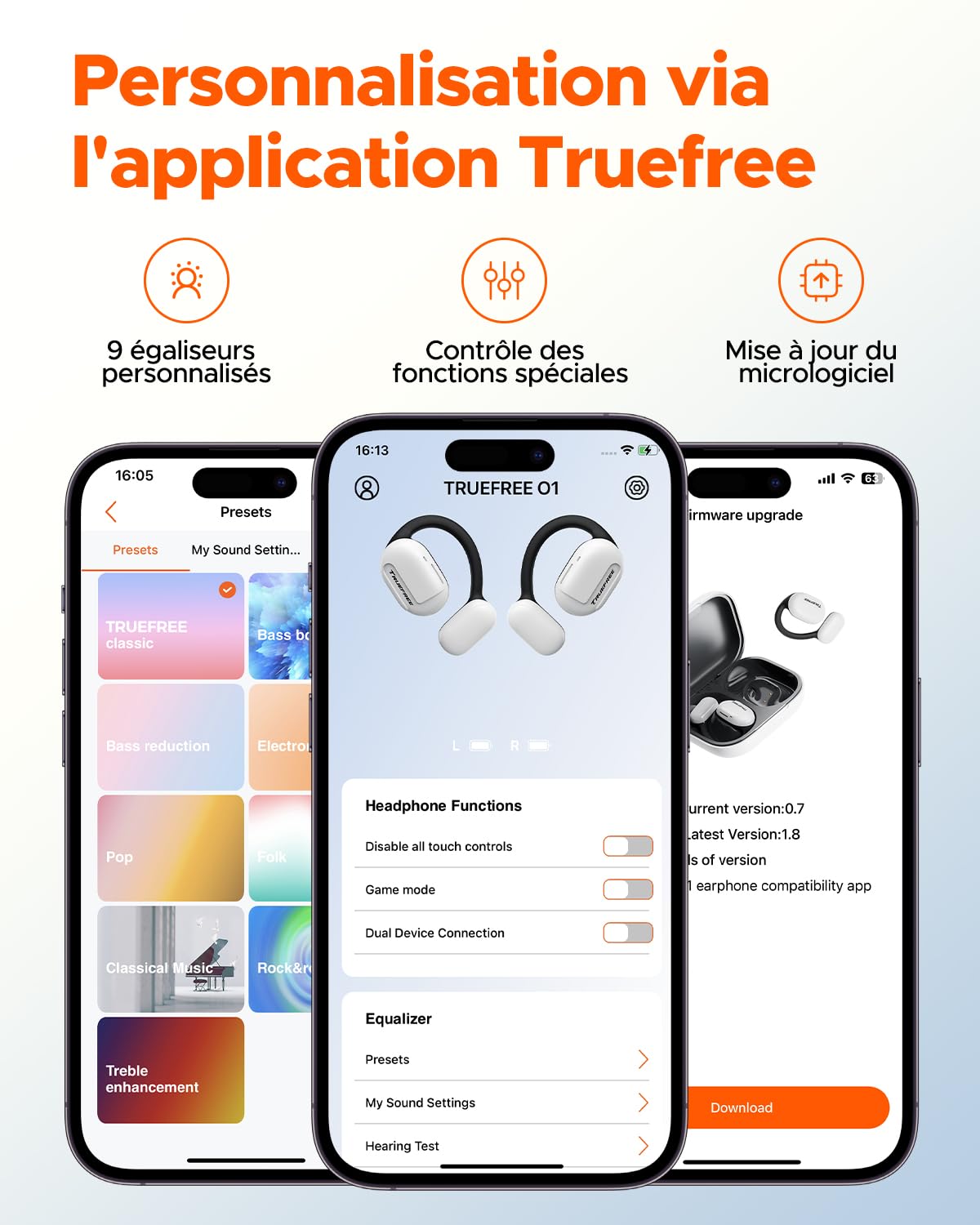 truefree O1 Ecouteurs Bluetooth 5.3 sans Fil Casque Audio avec Haut-parleurs dynamiques de 16,2 mm, Son stéréo immersif, 45h d'Autonomie pour Sport, entraînement (Blanc)