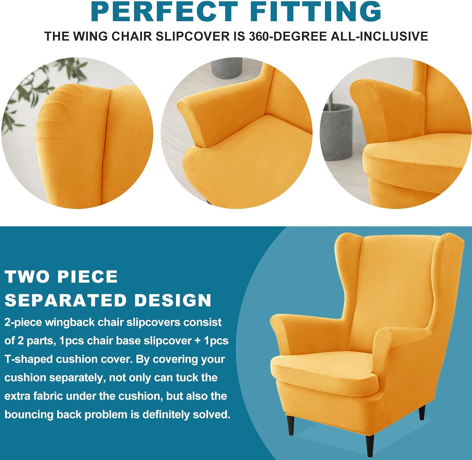 Velvet Wingback Chair Cover, Soft Wing Chair Slipcovers with Cushion Cover Stretch Washable Wingback Armchair Slipcover for Hotel Living Room Bedroom-Gold-Large