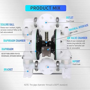 Air Operated Double Diaphragm Pump Frank 1 inch Inlet/Outlet Pneumatic Waste Oil Transfer Pump for Chemical DN25 35GPM Dual Diaphram Teflon by Polypropylene 115 PSI (QBY4-25 1PP+PTFE 35GPM)