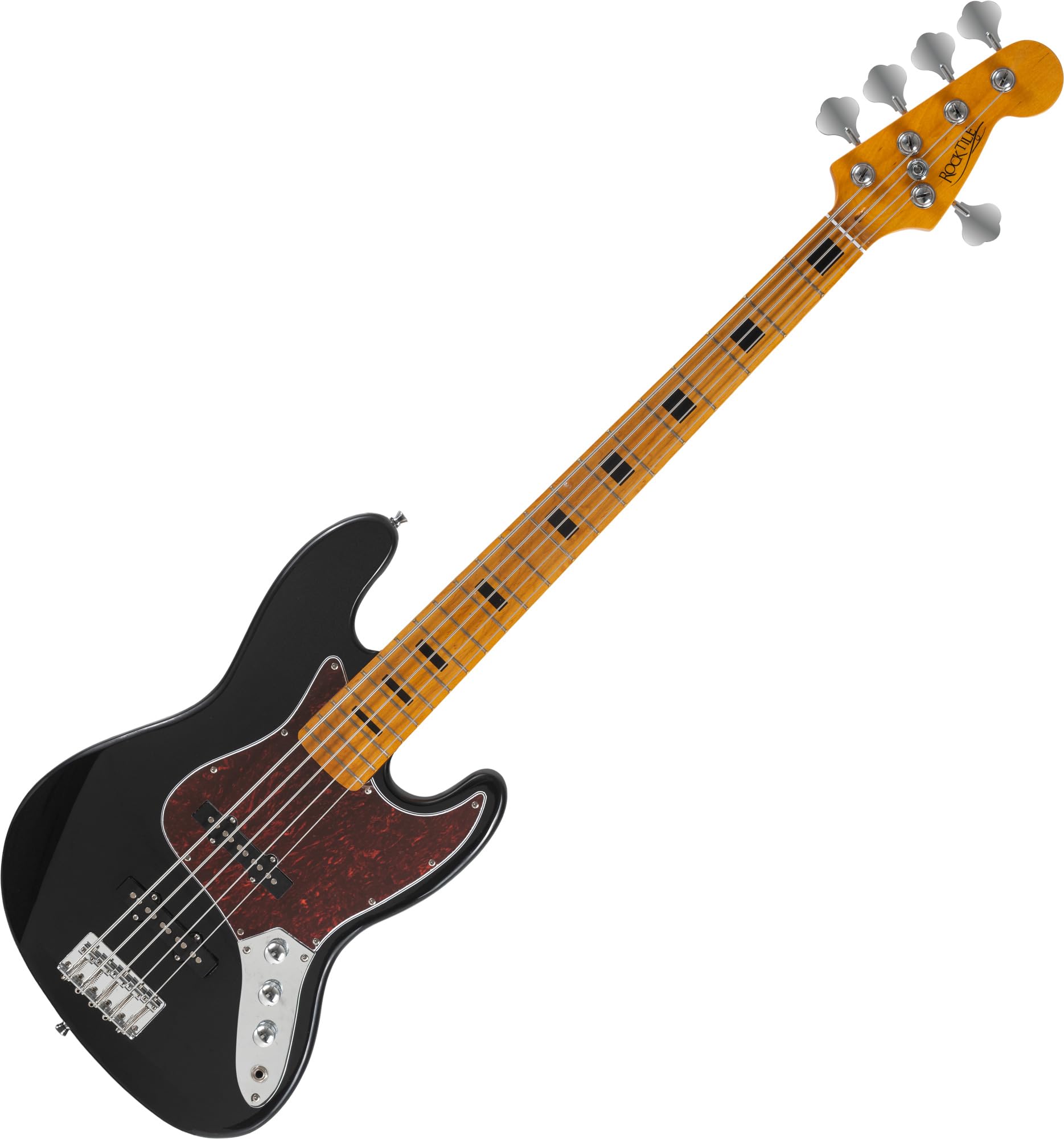 Rocktile Pro JBS50-BK E-Bass - 5-saitiger JB-Style Bass mit Lindenkorpus - Ahornhals & Ahorngriffbrett - 2x Single Coil Tonabnehmer - 2x Volume, 1x Tone Regler - 34" Mensur - Schwarz