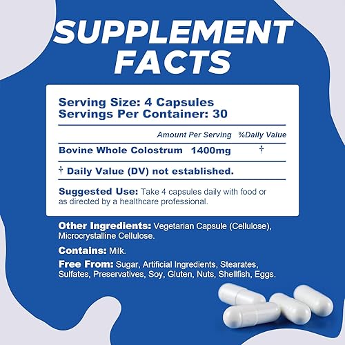 Miniatura 2 de Cápsulas orgánicas de calostro bovino, apoyo inmunológico e intestinal, apoyo energético, salud de la piel, crecimiento del cabello, sin rellenos,