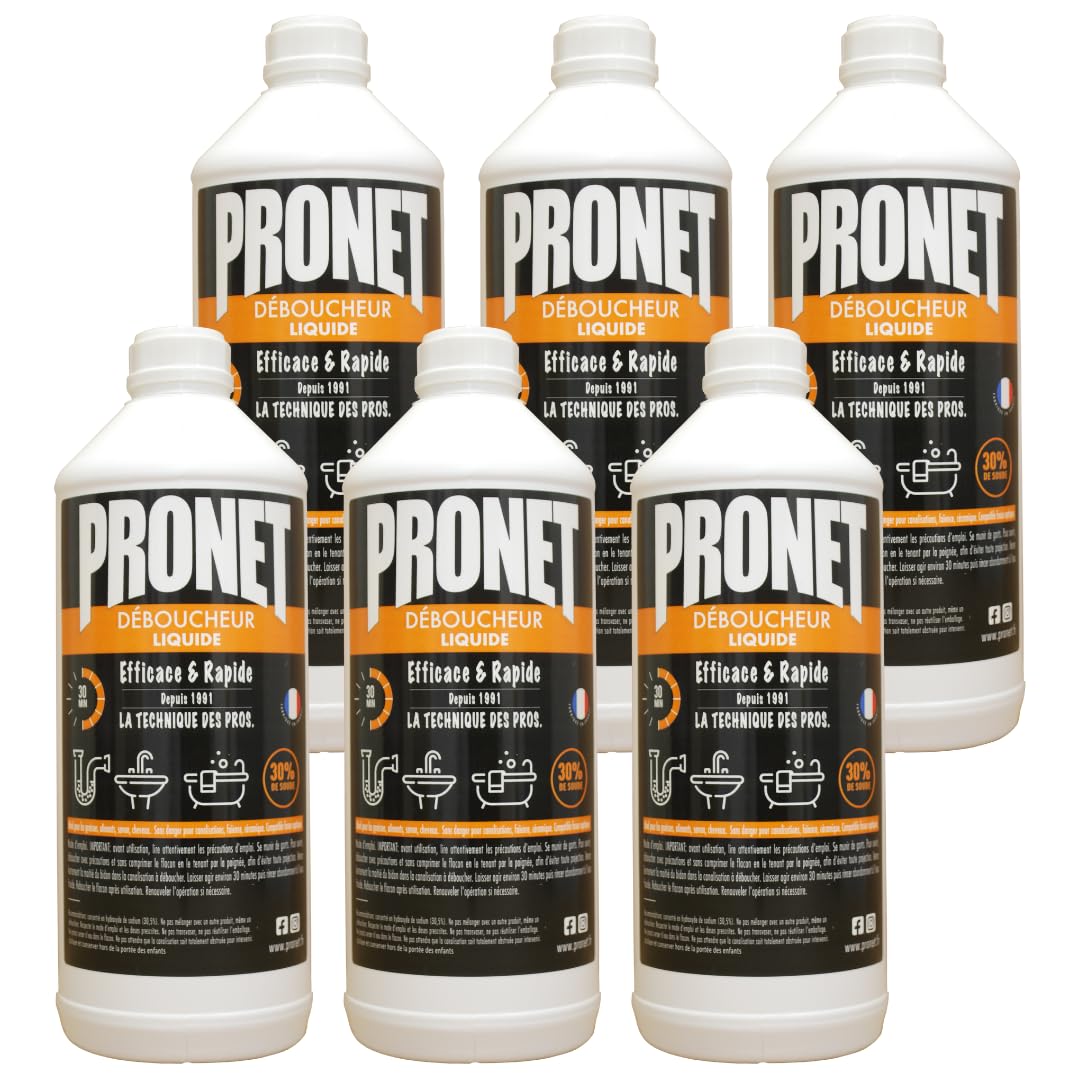 PRONET Déboucheur Canalisations Liquide puissant - Soude 30% - Action rapide 30min - Tous types de canalisations - Idéal eau stagnante et écoulement difficile - Compatible fosse septique - Lot de 6x1L