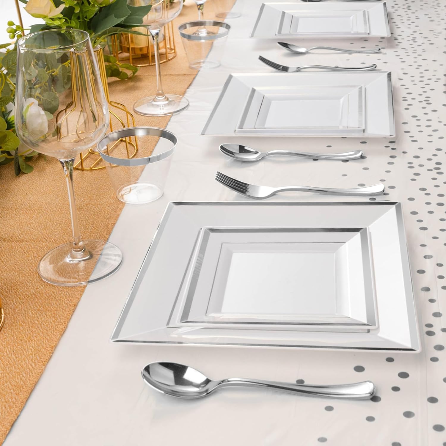 Goodluck 352 Pieces Silver Dinnerware Set for 50 Guests, Square Plastic Plates with Silver Trim, Include: 100 Plastic Plates, 50 Rolled Napkins, 50 Cups, 50 Cutlery Set and 2 Tablecloth
