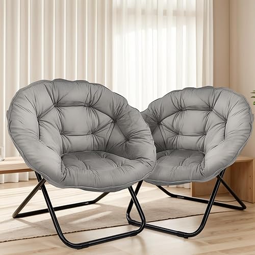 Vista 7 de Silla plegable con platillo, silla Lazy Moon con marco de metal, cómodas sillas de dormitorio para dormitorio, sala de estar, estudio, gris JC