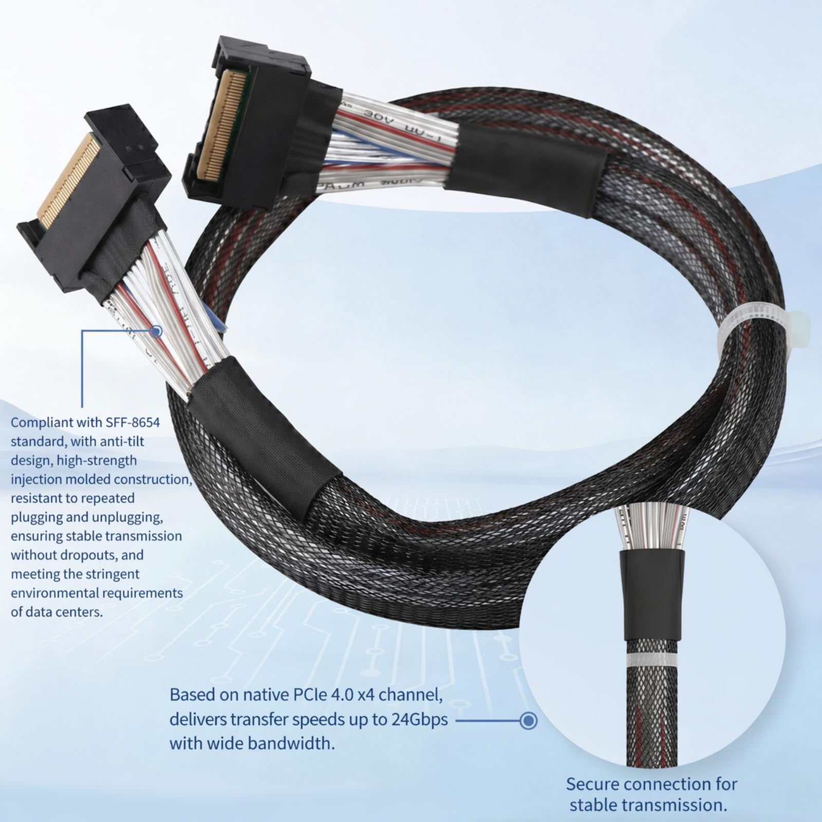 NUEAYMS Cable de datos de servidor SFF-8654 con interfaz MCIO 8X, cable interno de 0, 5 M para transferencia de datos bidireccional en construcciones de hardware de almacenamiento