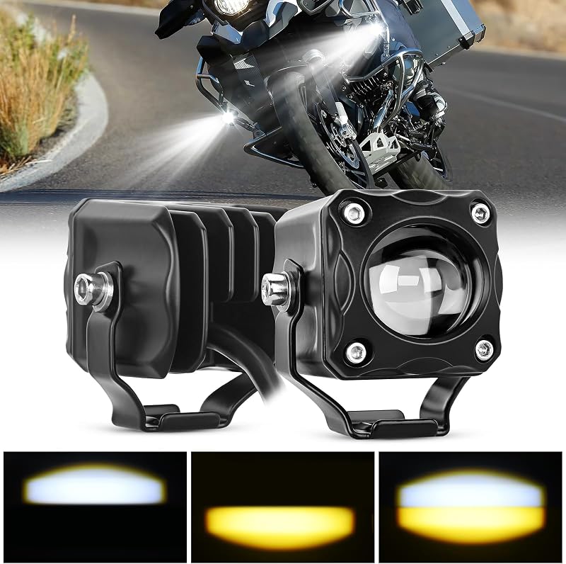 Motorcycle Driving Lights 1.7 inch White Amber Spot Beam Fog Light LED Pods IP67 Waterproof Auxiliary Offroad Lighting for Motorbike Dirt Bike e-Bike Scooter Snowmobile ATV UTV SUV Truck