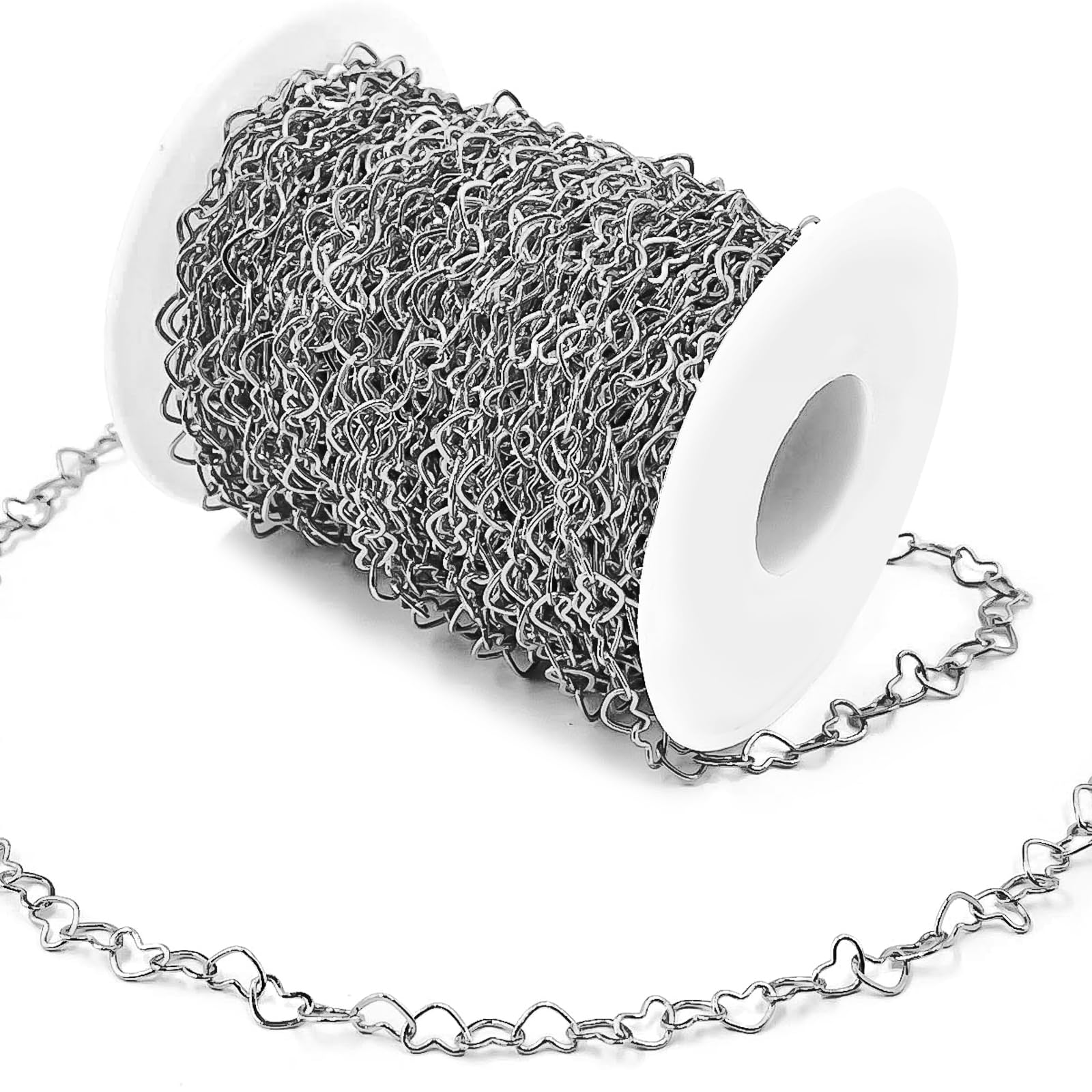 Unicrena Silver Heart Chain for Jewelry Making - 15ft Link Chain Supplies Bulk for DIY Necklace Bracelet Hat Chains Decoration 3 * 4mm