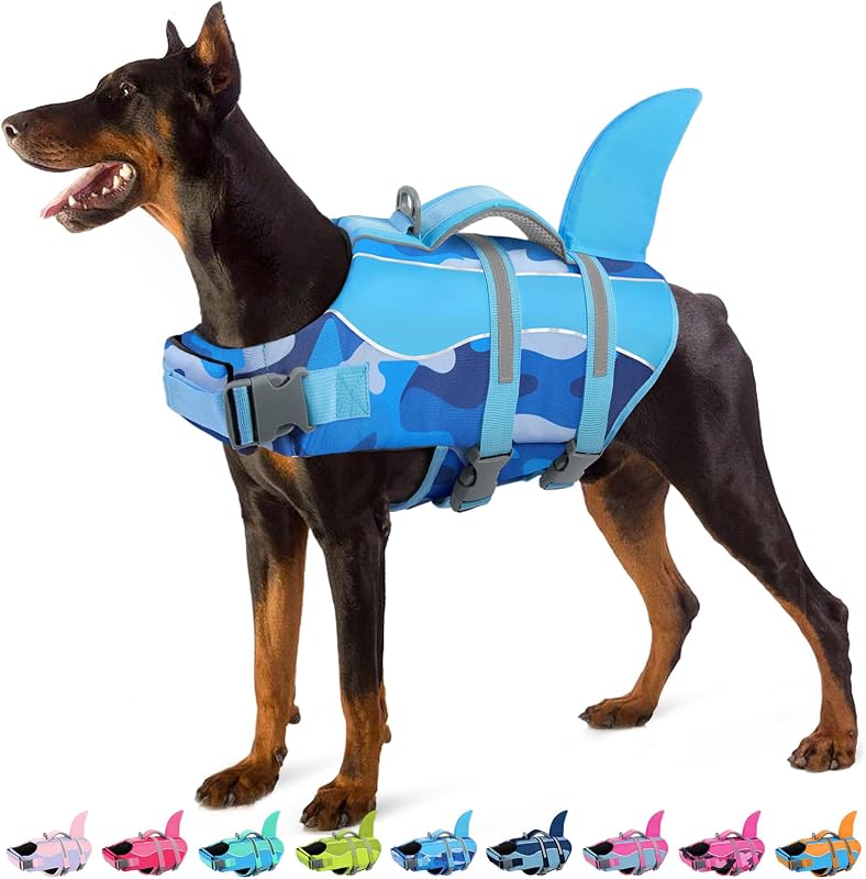 Colete Salva-Vidas para Cães SUNFURA com Flutuação e Alça de Resgate, Estampa Shark Blue Camo, Tamanho L