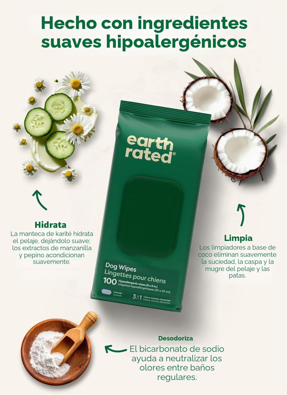 Earth Rated Toallitas hipoalergénicas para Perros, para Limpiar y Eliminar olores de Patas, Cuerpo y Trasero, Cachorros y Perros Adultos, Aroma a Lavanda, 100 Unidades