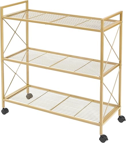 SONGMICS Estante de almacenamiento de metal de 3 niveles con ruedas, estantería de malla con marcos laterales en X, 31.5 pulgadas de ancho, para