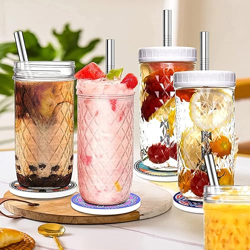 Miniatura 7 de Juego de 2 vasos de vidrio de 24 onzas, vasos con tapas y popotes y 2 tapas herméticas, lindas tazas reutilizables para batidos, tazas de café