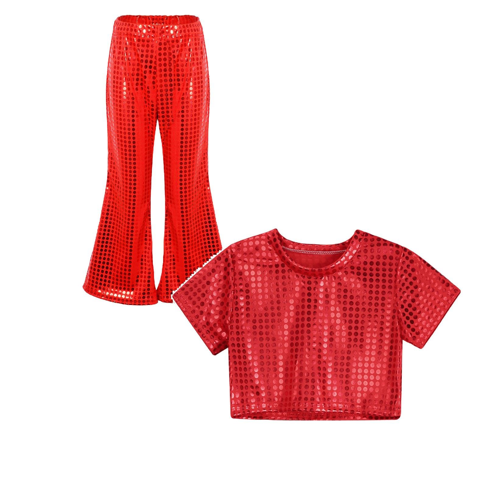 Kids Sequin Top and Flared Pants Two Piece Outfit Boys Girls Sparkly Metallic Crop Top Hip Pop Disco Party Dance Shiny Trousers Y2K Streetwear Dancewear for Carnival Jazz Dance Costume