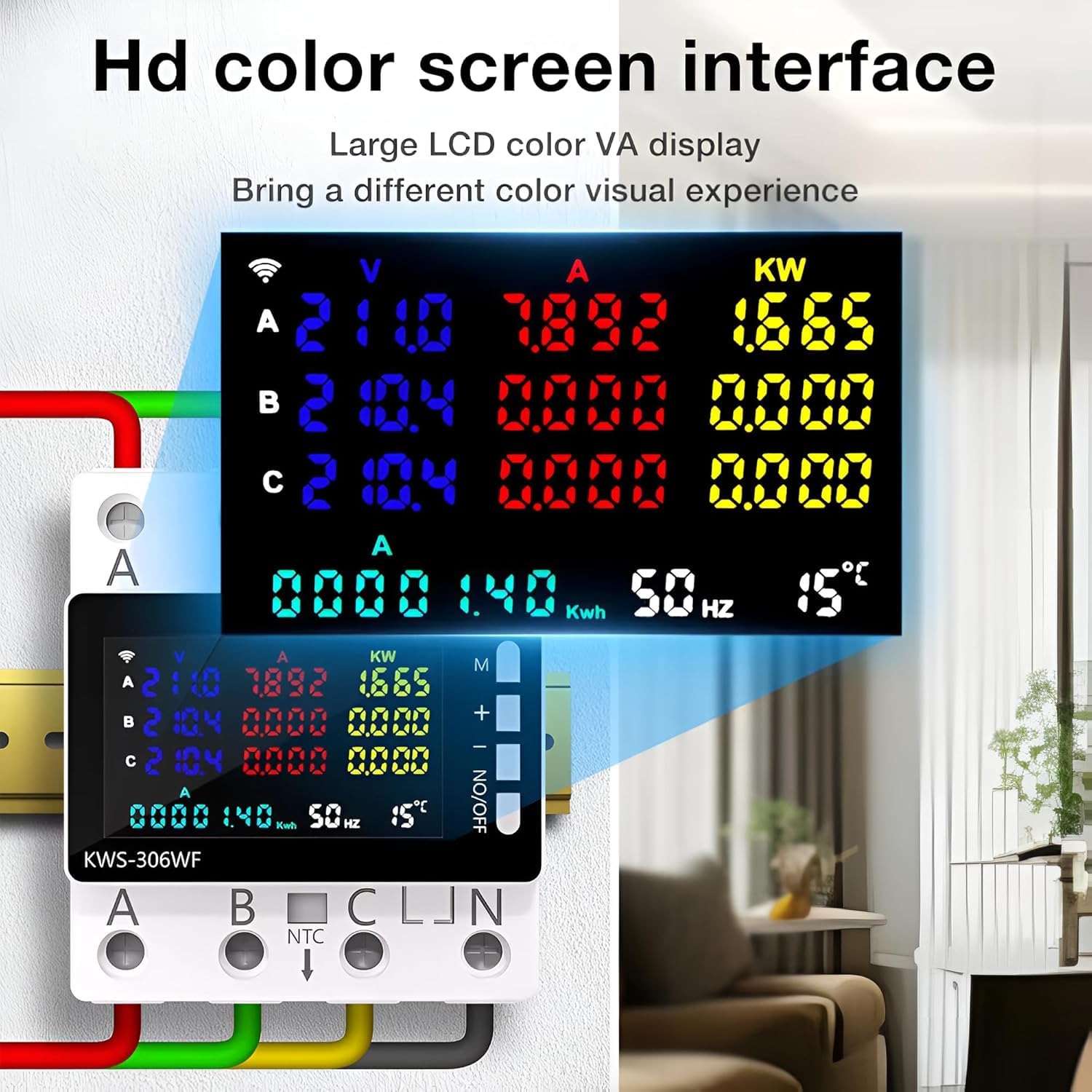 Close-up of the KWS-306WF's HD color screen interface displaying voltage, current, power, energy, frequency, and temperature readings.