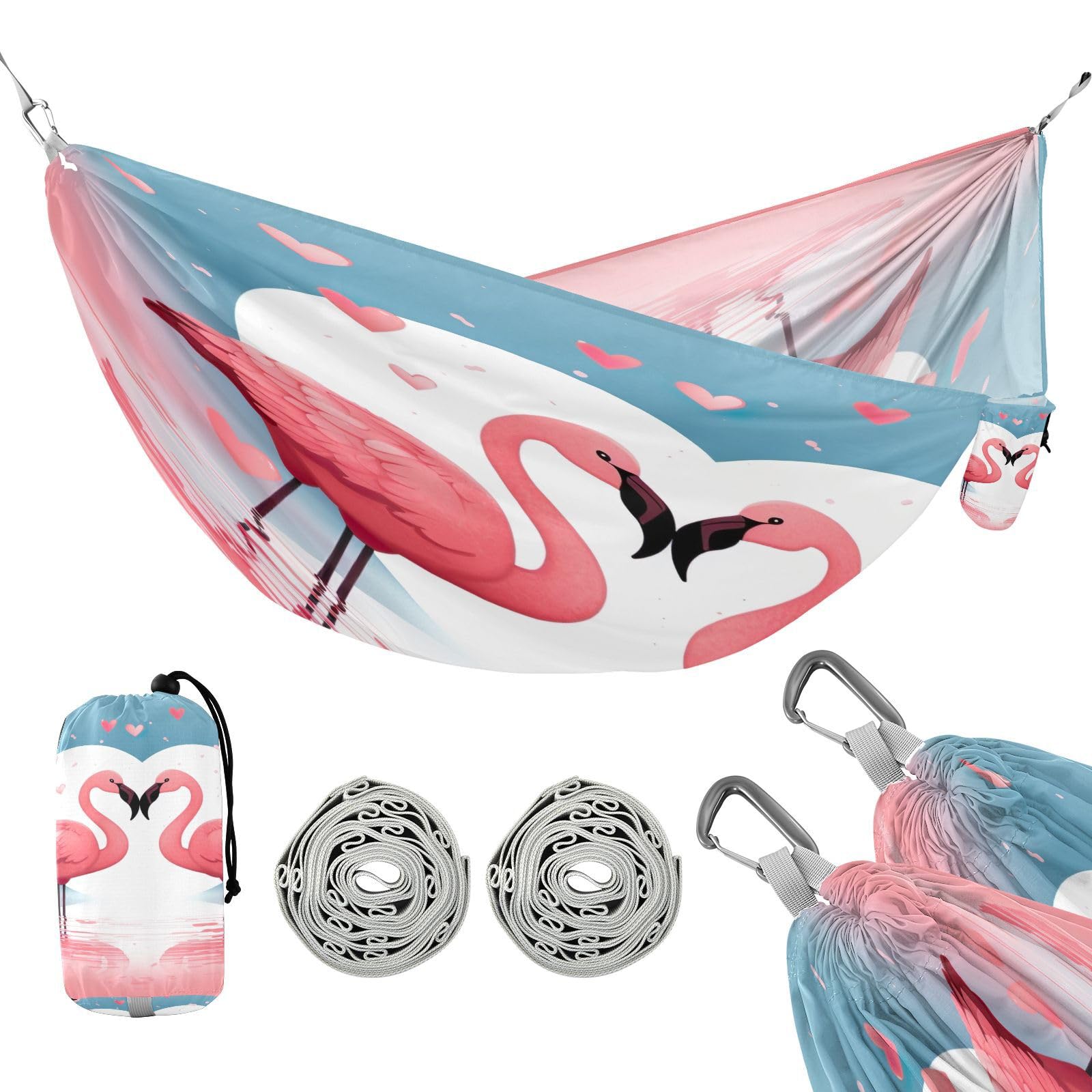 SDMKA Pink Flamingos Camping Hammock, 330 lbs with 2 Tree Straps, Carry Bag, Single Portable Hammock for Outdoor/Indoor, Hiking, Beach, Backpacking, Travel