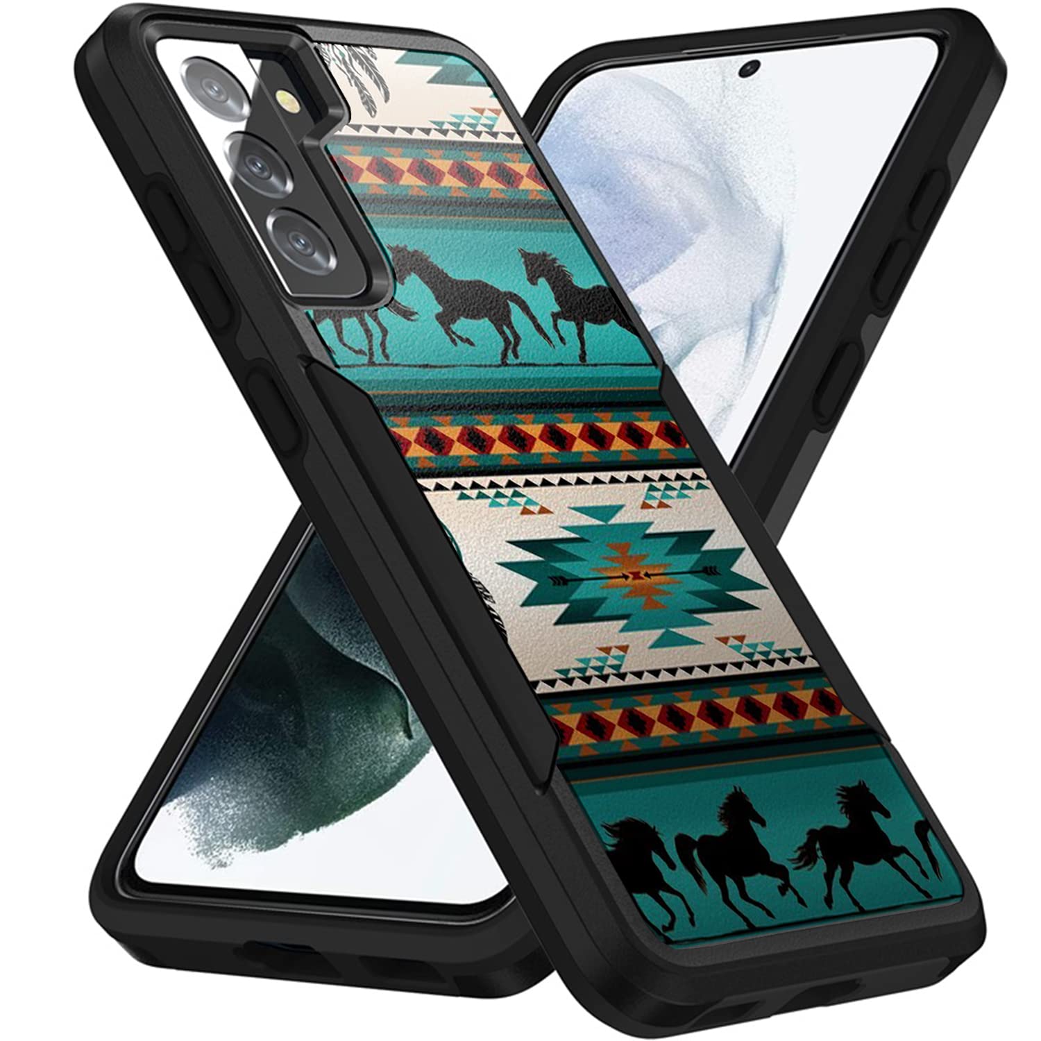 Compatible with Samsung Galaxy S21 FE / S21 Fan Edition Case [Dual Tactical] Black Dual Layer Case with Design and Heavy Duty (Horse Tribal)