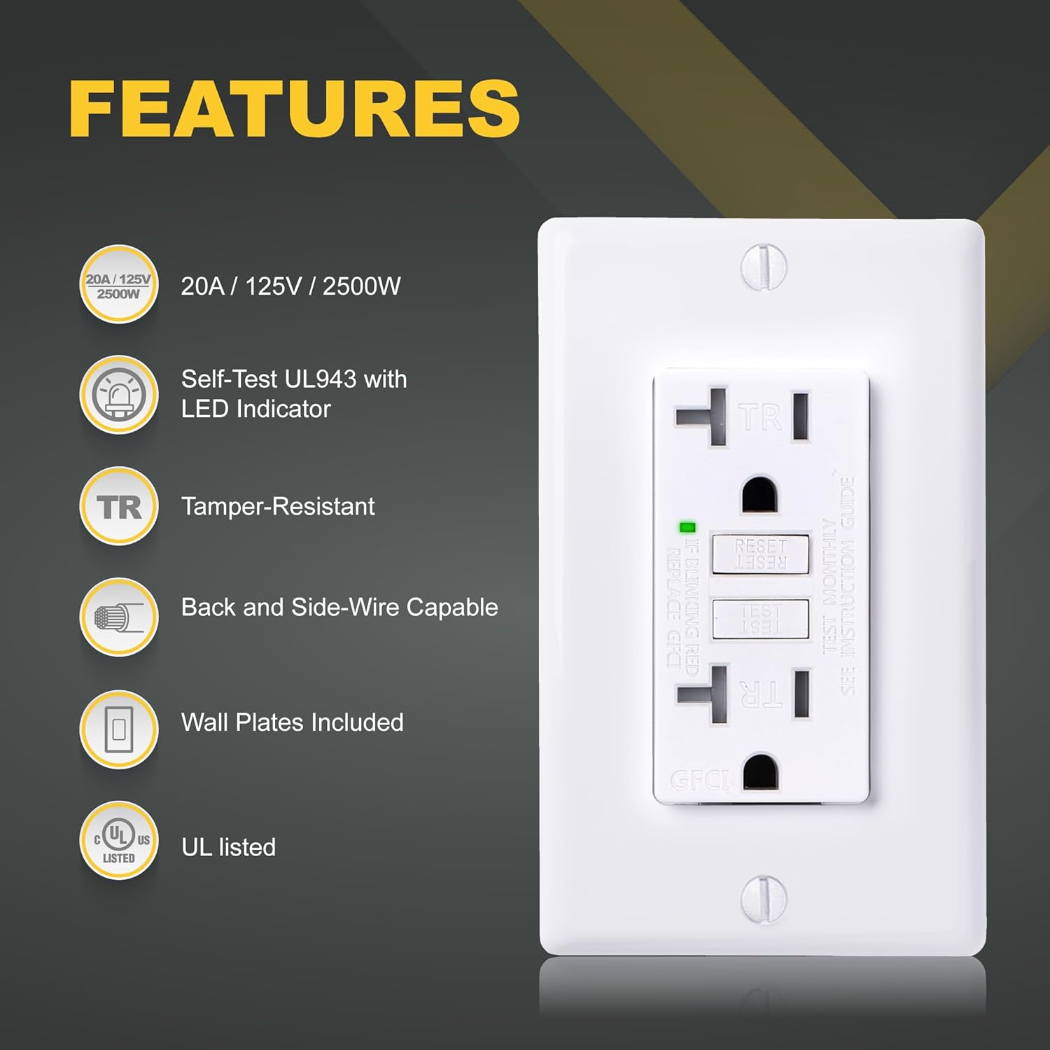 20A GFCI Outlets Slim, ETL Listed, Tamper-Resistant GFI Duplex Receptacles with LED Indicator, Self-Test Ground Fault Circuit Interrupter, White, 3 Piece