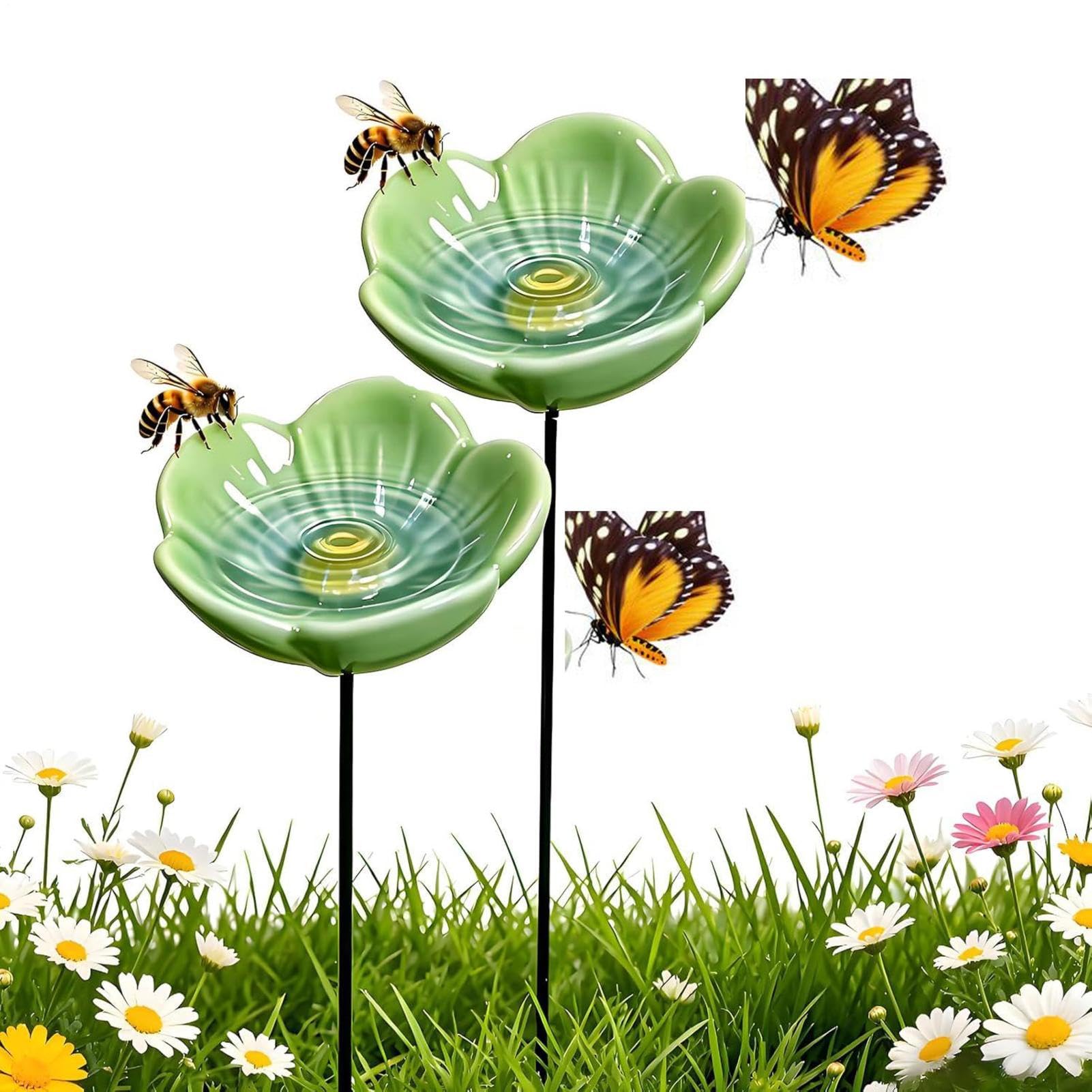 2 Pieces Garden Bee Watering Station, Flower Shaped Ceramic Bee Watering Station, Weather Resistant Bird Waterer, Hummingbird Bath For Garden Yard Backyard Outdoor Home Patio Porch Deck Balcony