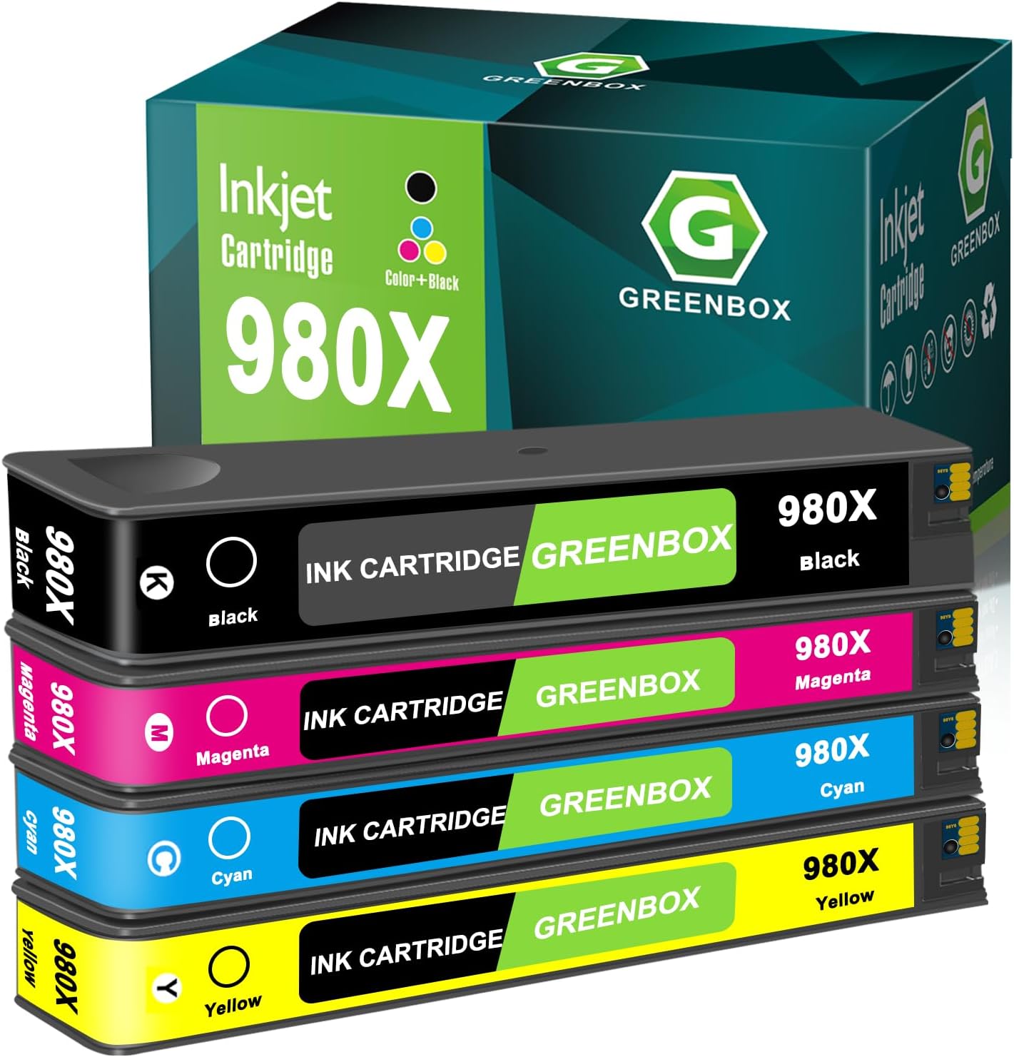 GREENBOX Remanufactured Ink Cartridge Replacement for 980X for HP Officejet Enterprise Color X555dn X585f X555xh Flow X585z MFP X585F X585dn Printer (1 Black 1 Cyan 1 Magenta 1 Yellow)