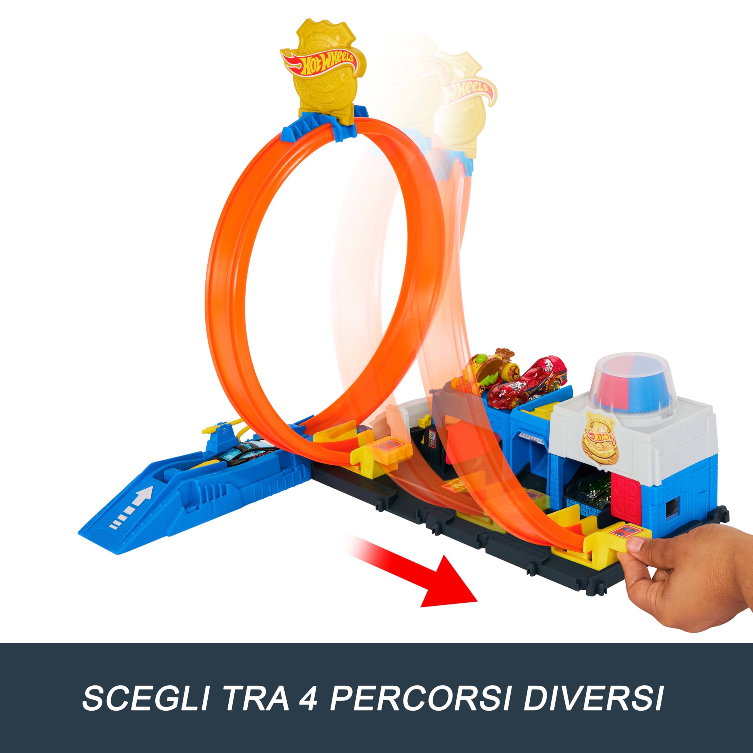 Hot Wheels City - Super Stazione di Polizia, playset regolabile con 4 corsie della pista regolabile per loop e acrobazie, macchinina inclusa, giocattolo per bambini, 4+ anni, JBM71