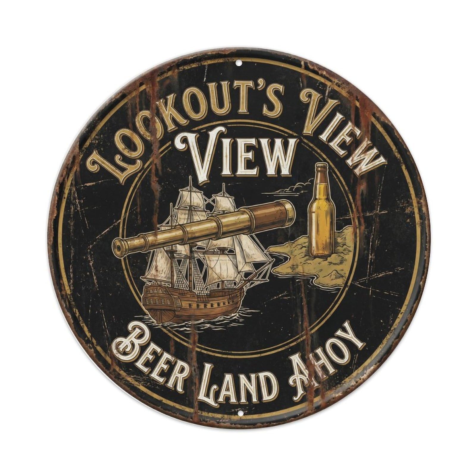 Retro Bar Lookout Crow Basement Beer Metal Tin Sign Plaque Wall Decor for Cafe, Club Bar, Office, Home Garden Round Metal Poster 8x8Inch