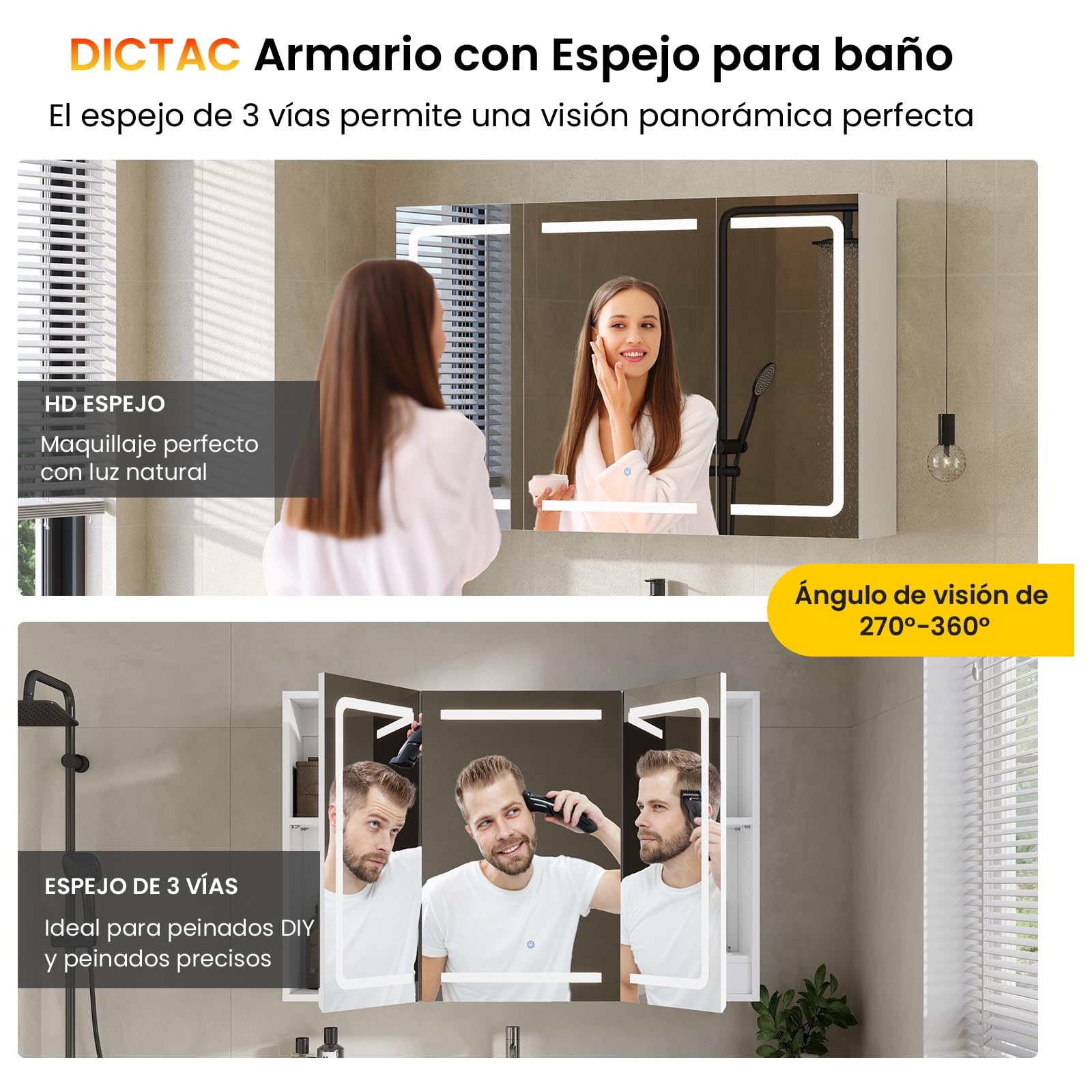 DICTAC Armario con Espejo,iluminación LED y Enchufe Armario Baño de Pared con 3 Puertas Espejo,Mueble Baño de Pared con Espejo y Estantes Ajustable,Mucho Espacio de Almacenamiento,90x60x16cm, Blanco
