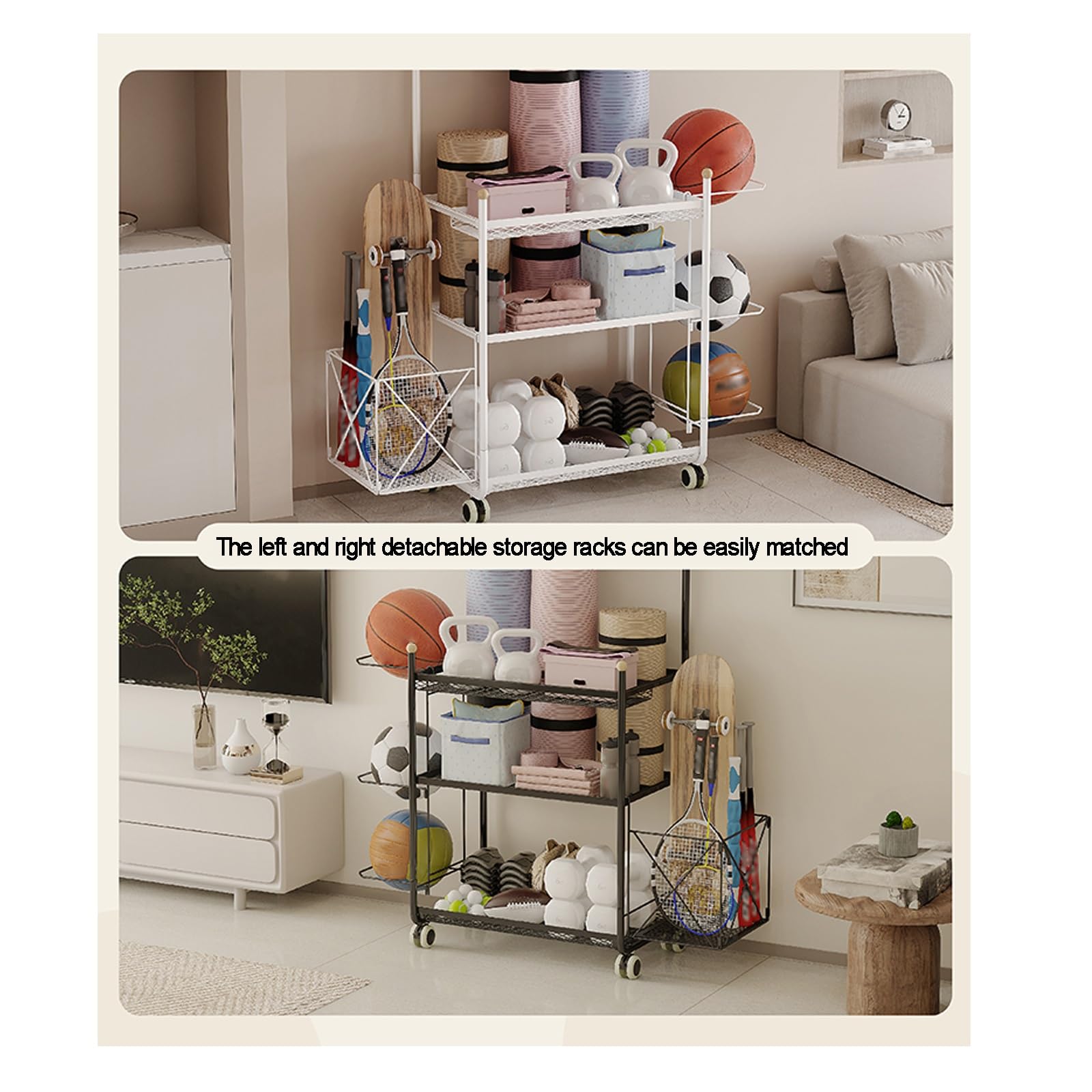 Organiseur d'équipement de sport de garage, support de rangement verrouillable pour tapis de yoga, rouleau en mousse, sangle de yoga, bandes de résistance, (blanc, 97 x 35,7 x 145 cm)