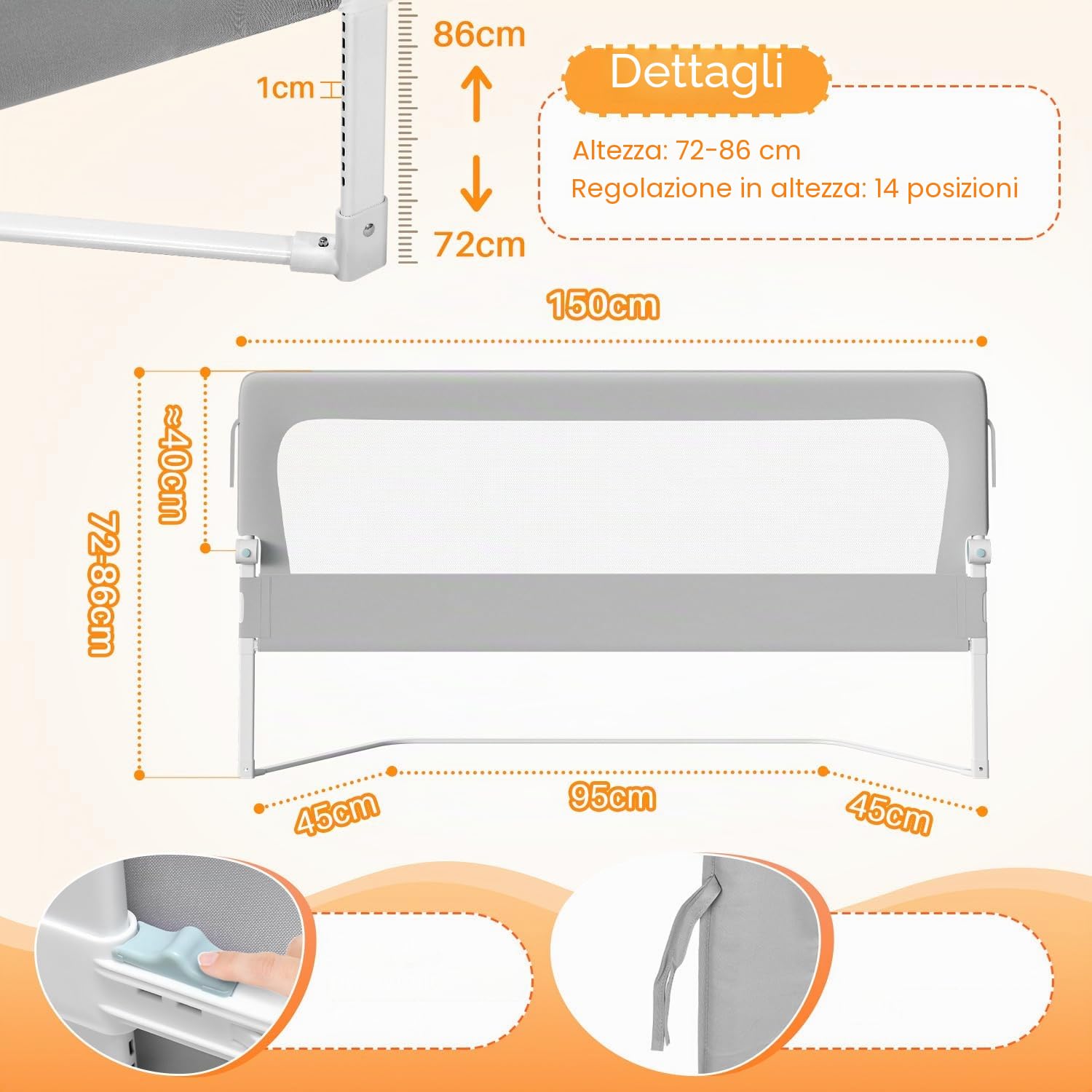 Protezione contro le cadute per letto, protezione per letto Boxspring, griglia di protezione per letto regolabile in altezza 72-86 cm, pieghevole a 180 gradi (Grigio, 150 cm, 1 lato)