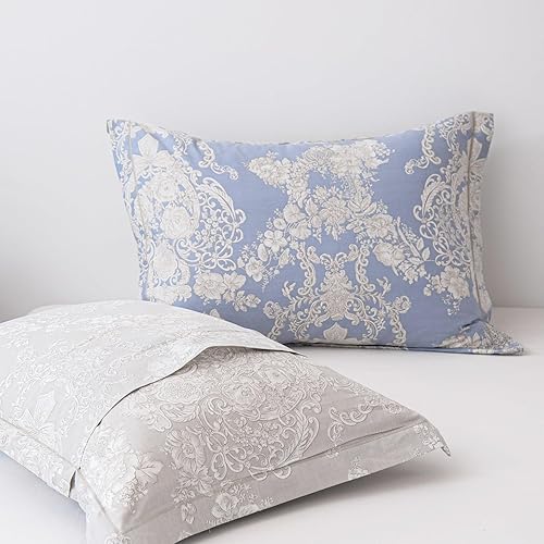 Miniatura 4 de Juego de funda de edredón floral de 3 piezas, 100% algodón natural, funda de edredón azul grisáceo con lujoso patrón de damasco beige, juego de