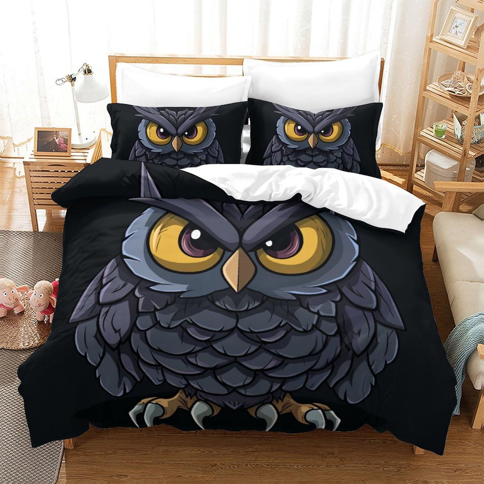 Housse de couette chouette 3D zippée 200x200cm résoud la couette qui glisse