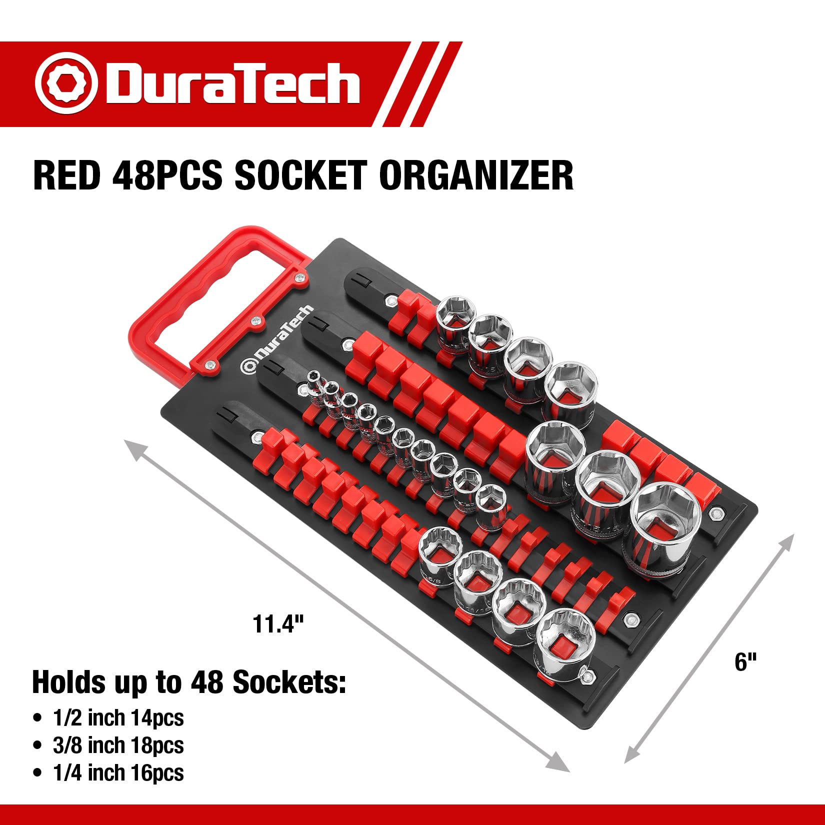DURATECH Socket Organizer, 48-Piece Portable Socket Holder with Handle, ABS Socket Tray Wall and Tool Cart Mounted, 1/4