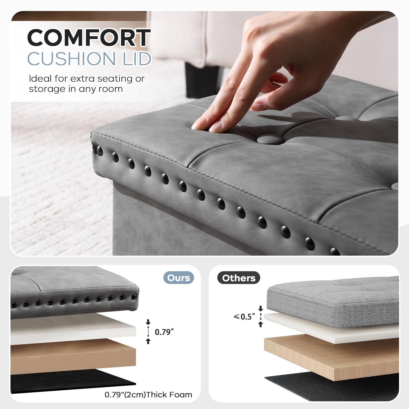 oakvivo Small 16 x 12 x12 Inches Folding Storage Ottoman, Faux Leather Foot Rest Stool with Rivet Design, Ottoman with Storage Vanity Stool Coffee Table for Living Room, Bedroom, Load 242 lbs, Green: Grey 15"D x 30"W x 15"H