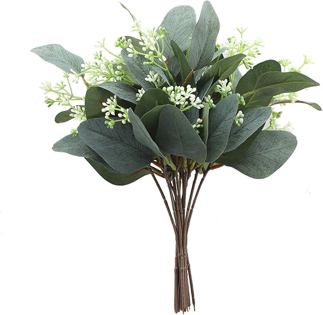 Decpro 12 pcs Artificial Eucalyptus Branches, 10.6'' Silver Dollar Leaves Spray Greenery Bushes Fake Seeded Stem for Table Centerpieces, Party, Wedding, Home Decoration, Floral Arrangement With Bud