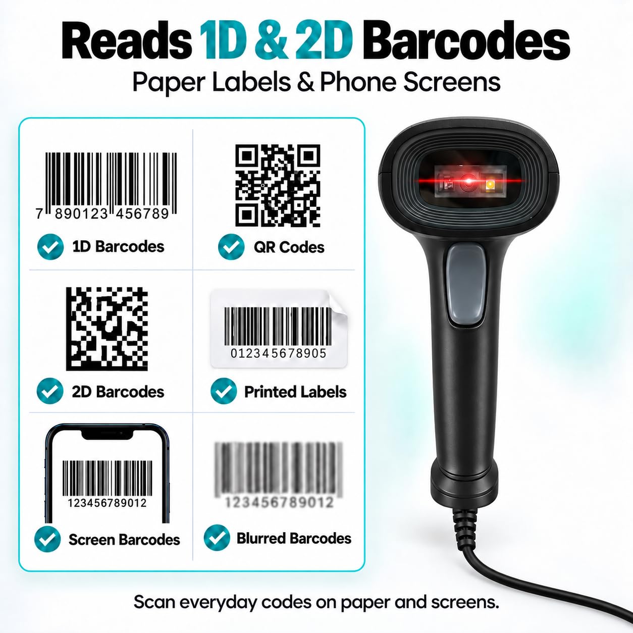 Anyeast - Scanner per codici a barre con supporto, USB cablato, scanner di codici 2D 1D per computer, supporto POS, scansione automatica dello schermo, lettore di codici a barre CMOS per