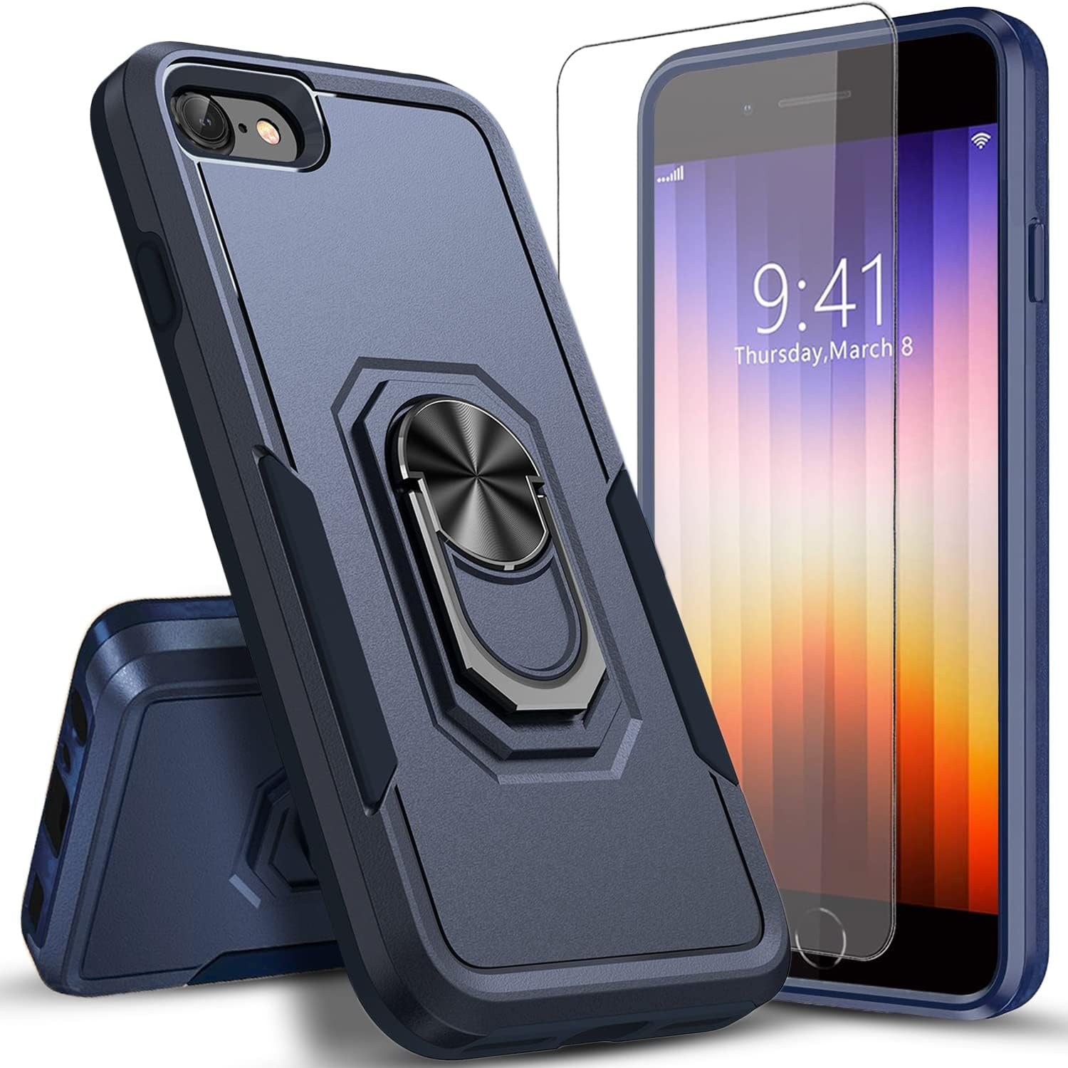 Circlemalls iPhone 8 Case, iPhone 7 Case,with [Tempered Glass Screen Protector Include], Military Grade 12 Feet Drop Protection Build in Metal Ring Kickstand for iPhone SE 2022/2020 iPhone 7/8 - Navy