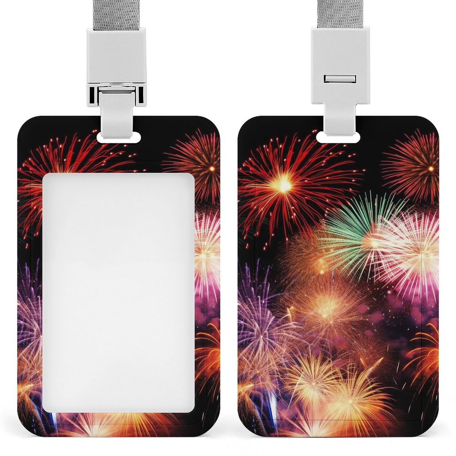 ID Card Holders for Lanyard,Beautiful Fireworks Printed Badge Holder with Clear Window,Plastic Vertical Bus Pass Holders for Work Teacher Nurse Employees Proximity Key Cards Women Men — image 1