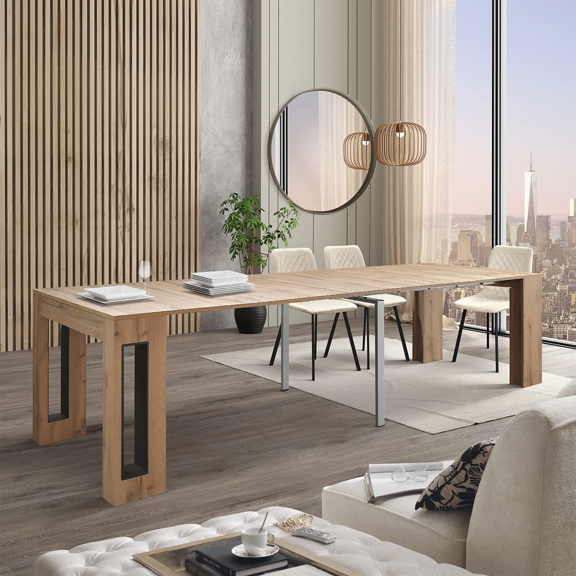 PAZZO DESIGN, Tavolo Consolle Allungabile Con Porta Prolunghe Elvire, Rovere Rustico, Fino A 12 Posti, Tavolo Consolle Cucina, Tavolo Consolle Salvaspazio, Made in Italy, Da 45 A 300 Cm - id_1931