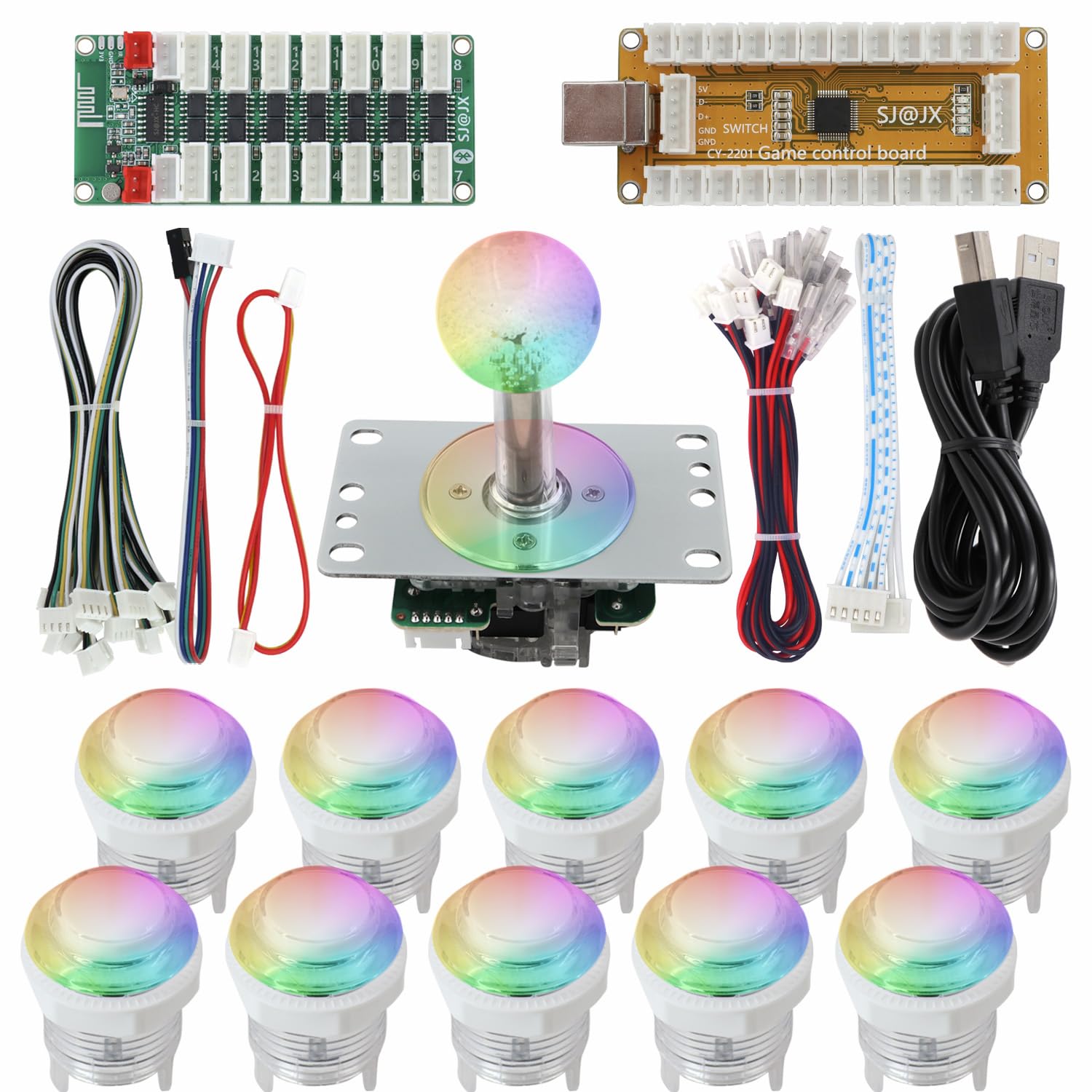 SJ@JX Arcade USB Encoder Kit with RGB LED Buttons & 4/8-Way Sanwa Joystick, Mechanical Black Switches, Plug & Play Controller for Nintendo Switch, PS3, PC