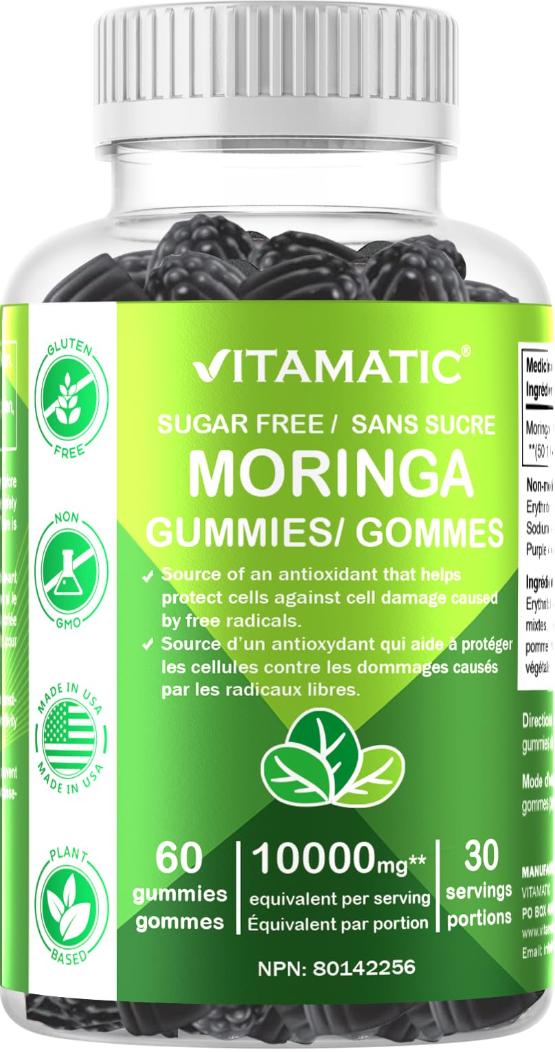 Vitamatic Sugar-Free Moringa Gummies - 10,000 mg Equivalent Per Serving - Complete Green Superfood - 60 Pectin Based Gummies