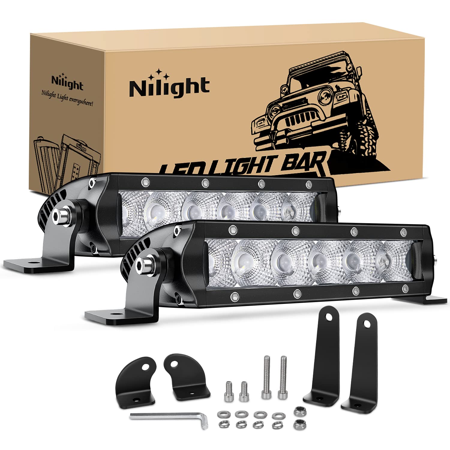 Photo 1 of Nilight 40001F-B Bar Super Slim 2PCS 7Inch 30W Flood Driving Fog 3600LM Single Row Off Road led Lights for Jeep-2 Style Mounting Brackets, 2 Years Warranty, Black