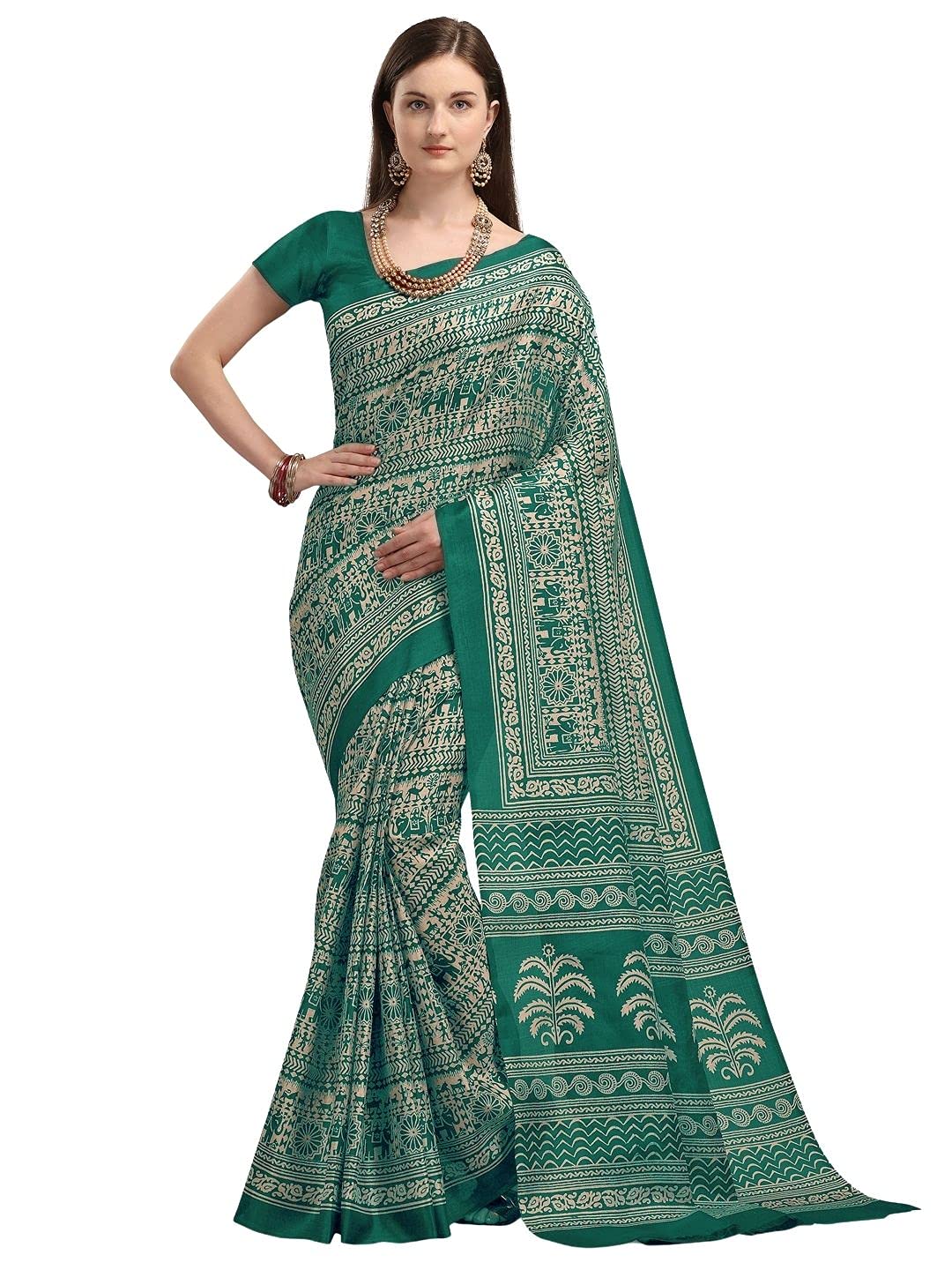 EthnicJunctionEthnic Junction Women's Art Silk Cotton Kalamkari Print Saree With Blouse Piece