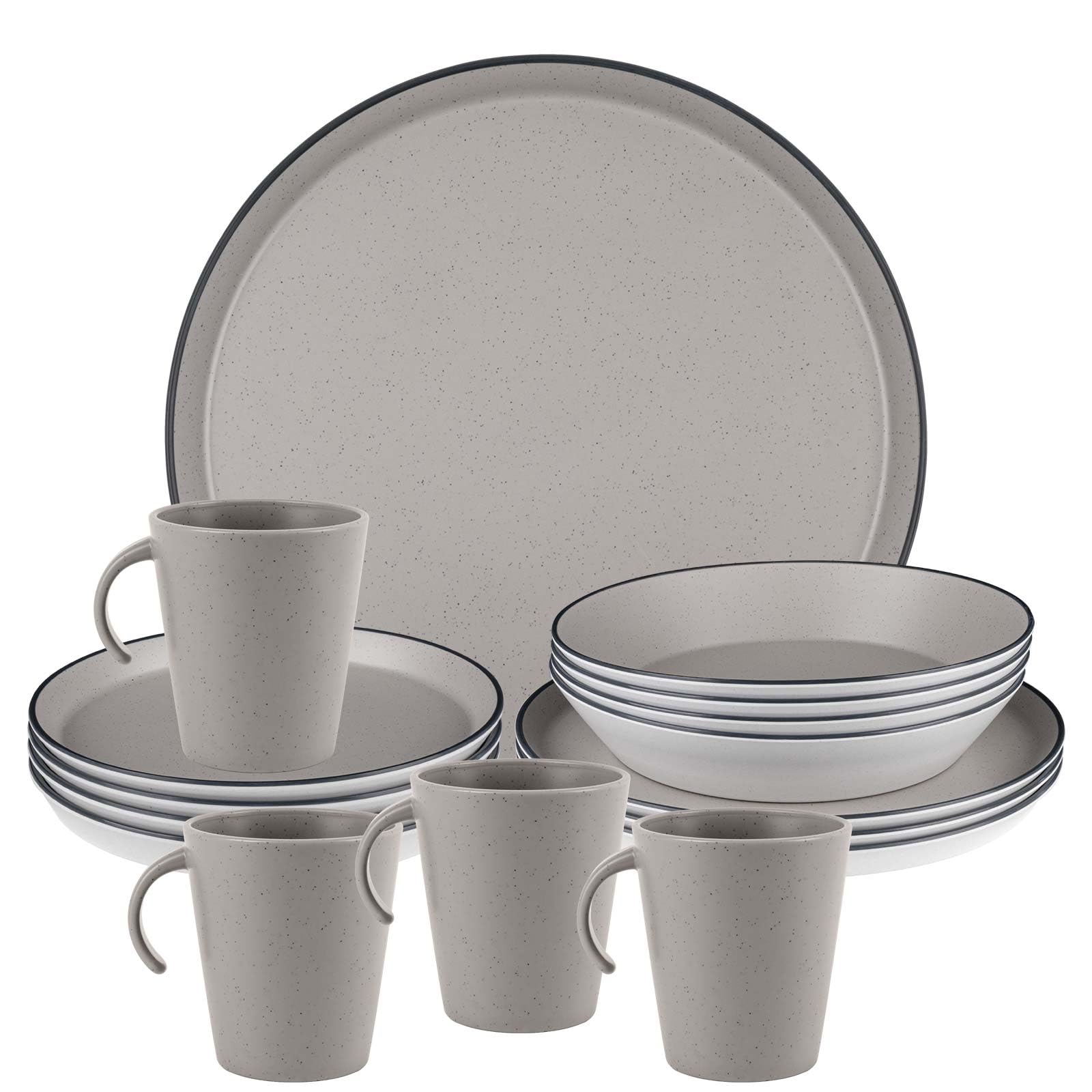 BRUNNER Camping-Geschirr-Set Melamin 2-4 Personen Iconic COMPACK (12 oder 16-Teilig) - Platzsparend Stapelbar, Kratzfest - hochwertig + edel 3-farbig | Steingutoptik und Porzellanhaptik | Antislip
