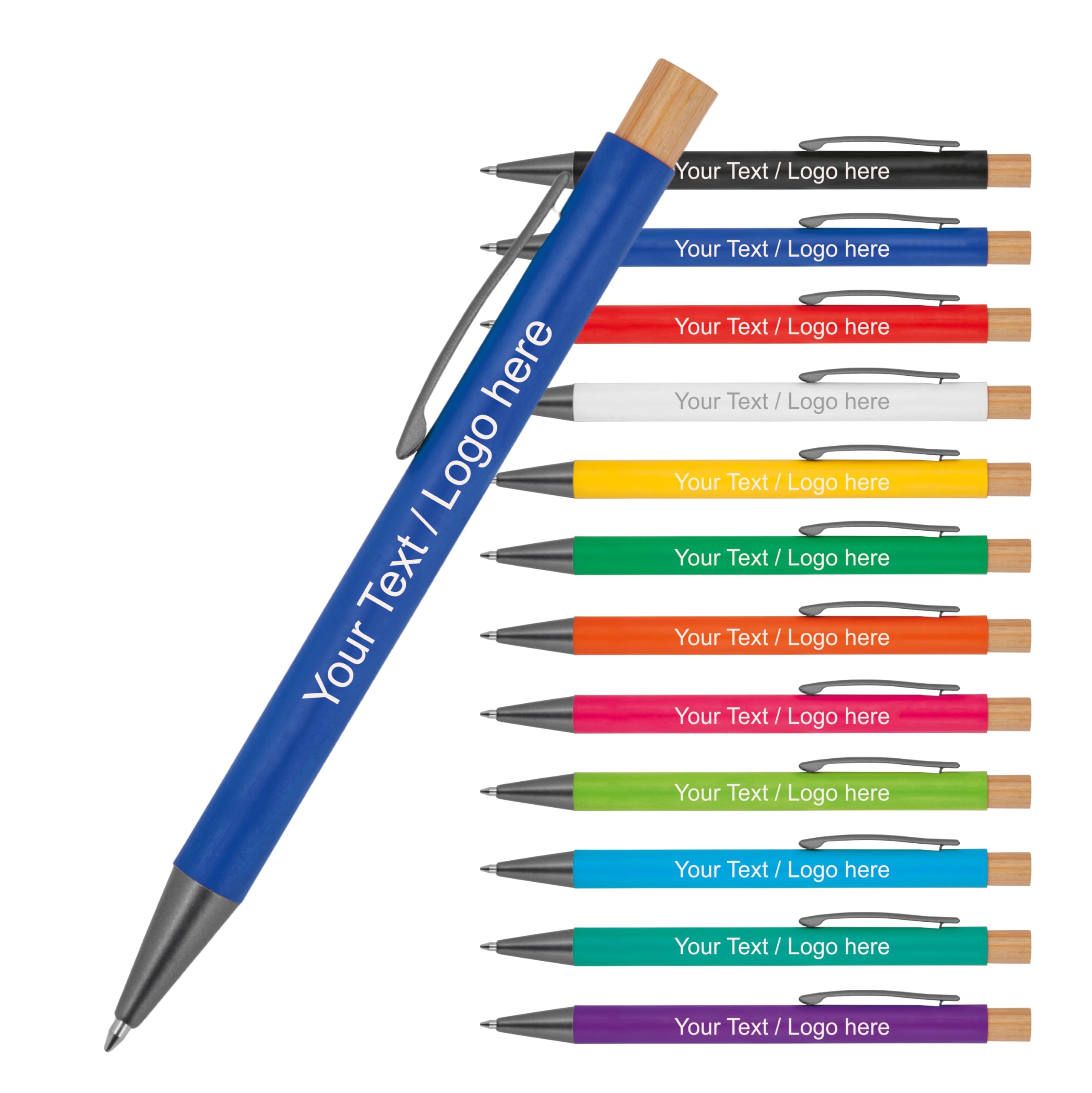 Schmalz® 50 Stück Kugelschreiber aus recyceltem Aluminium mit Bambusdrücker & Metallclip – Großraummine blau schreibend – personalisierbar mit Gravur und/oder Logo (50)