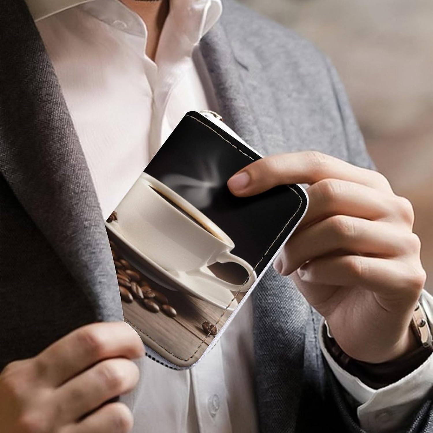 Leather Card Organizer Case Card Wallet Credit Card Holder Coffee Cup And Coffee Beans Printed Zipper Card Cases Holder for Women Men