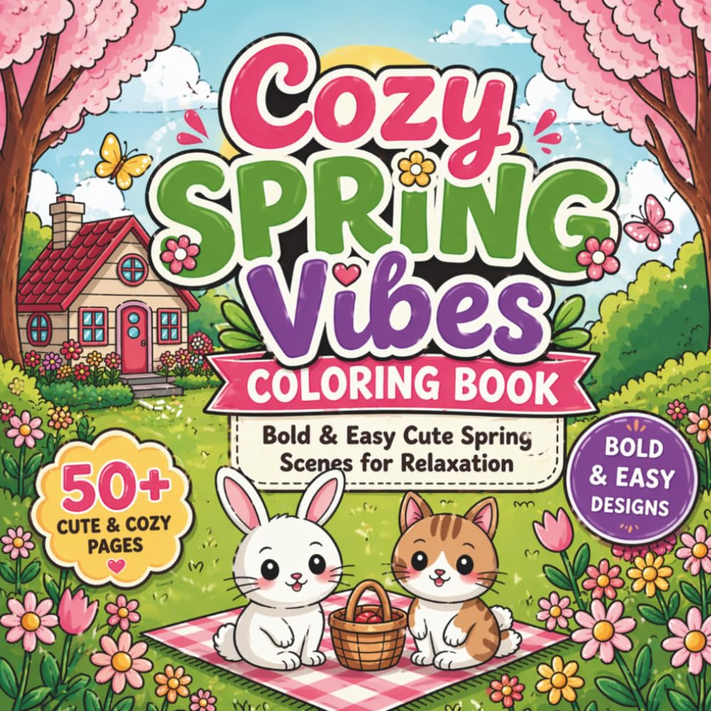 Cozy Spring Vibes Coloring Book: Bold & Easy Cute Spring Scenes for Relaxation