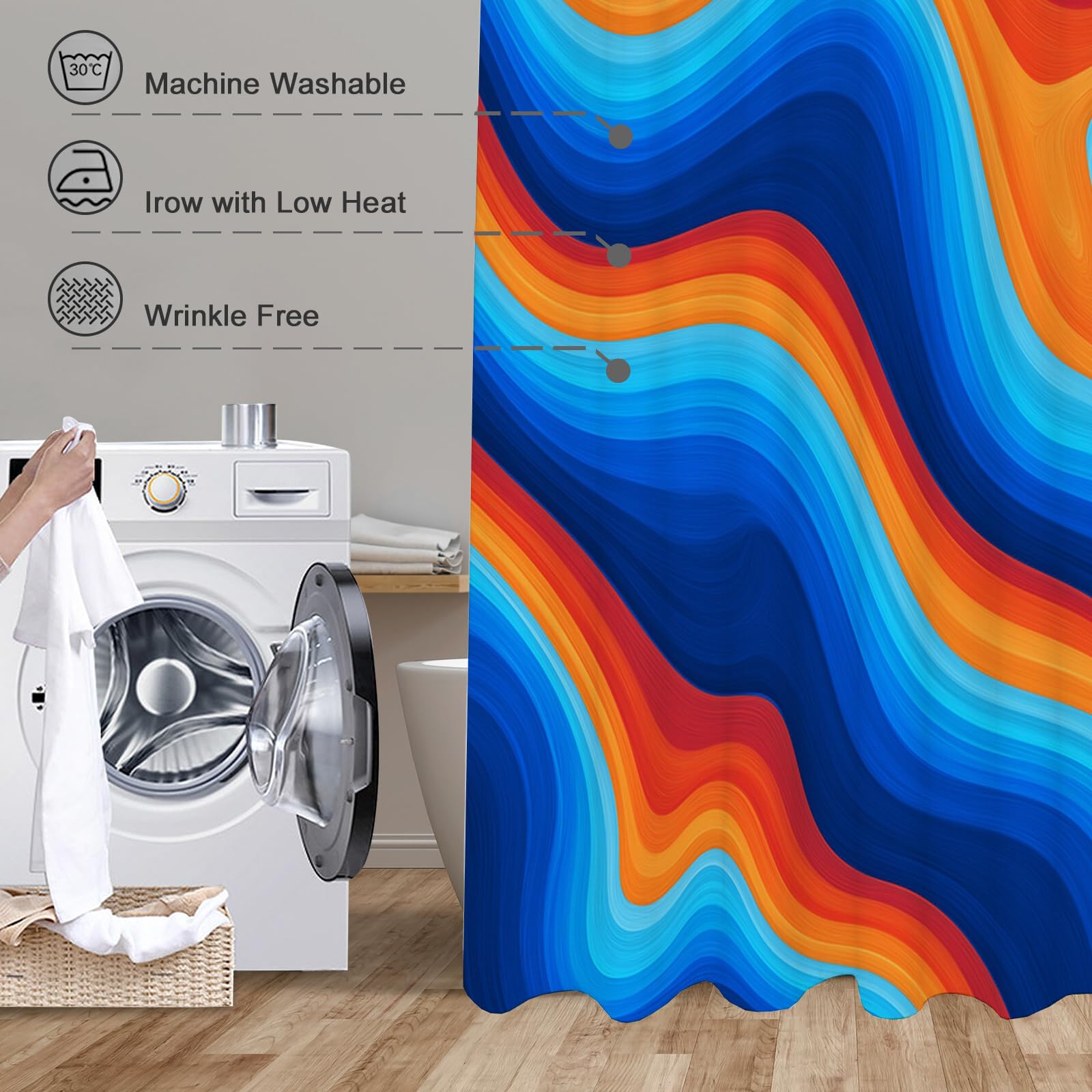 Rideau Douche, Rideau Baignoire Lavable en Machine Rideaux Douche Tissus Lavable Rideau De Baignoire Lavable pour Salle De Bain Domicile Baignoire Famille, Courbe d'onde,