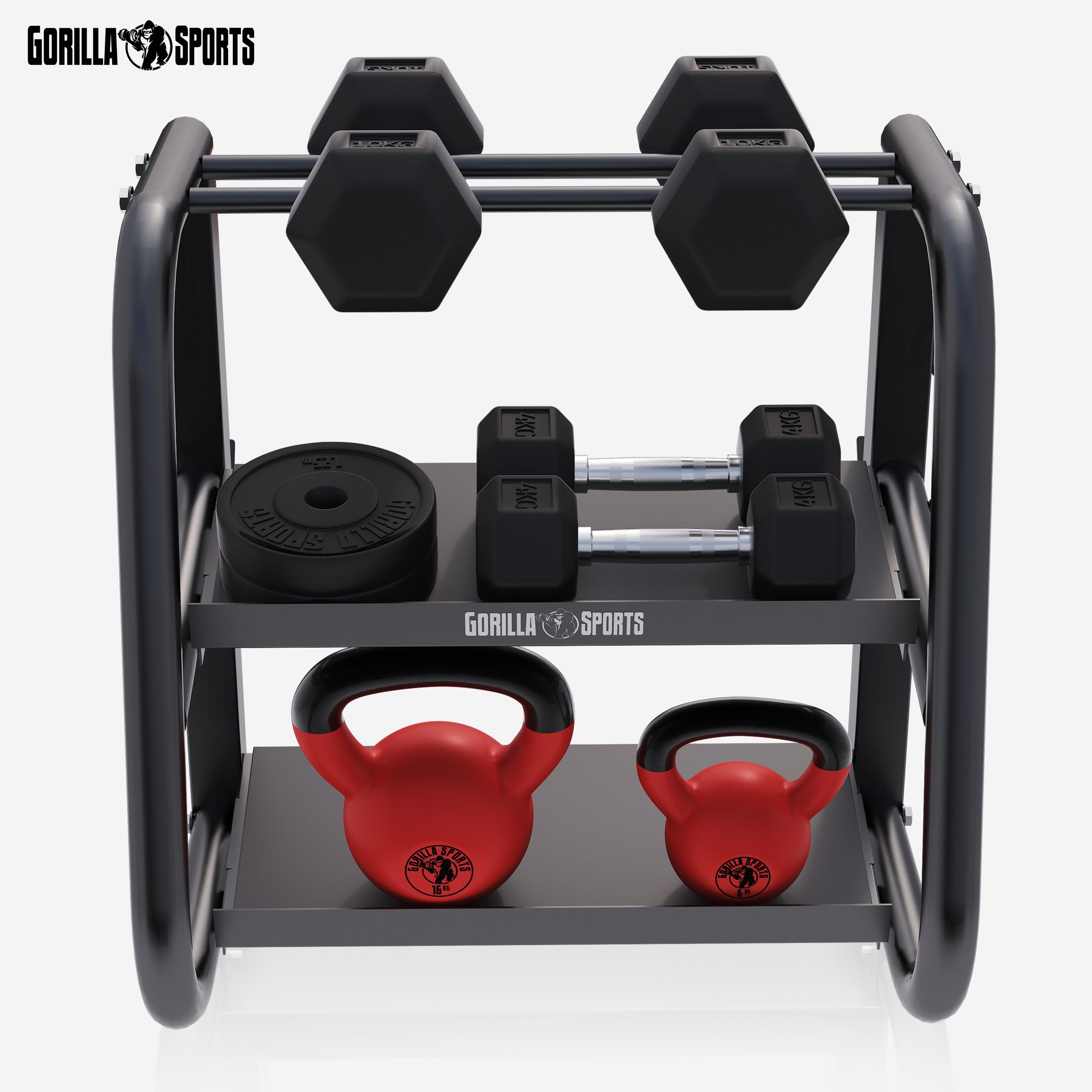 GORILLA SPORTS® Hantelständer - Multifunktional, 52x68,5x62 cm, Stahl, bis 300 kg Belastbar, Schwarz - Hantelablage, Kurzhantel, Langhantel Ablage, Kettlebell Ständer, Gewichtsständer