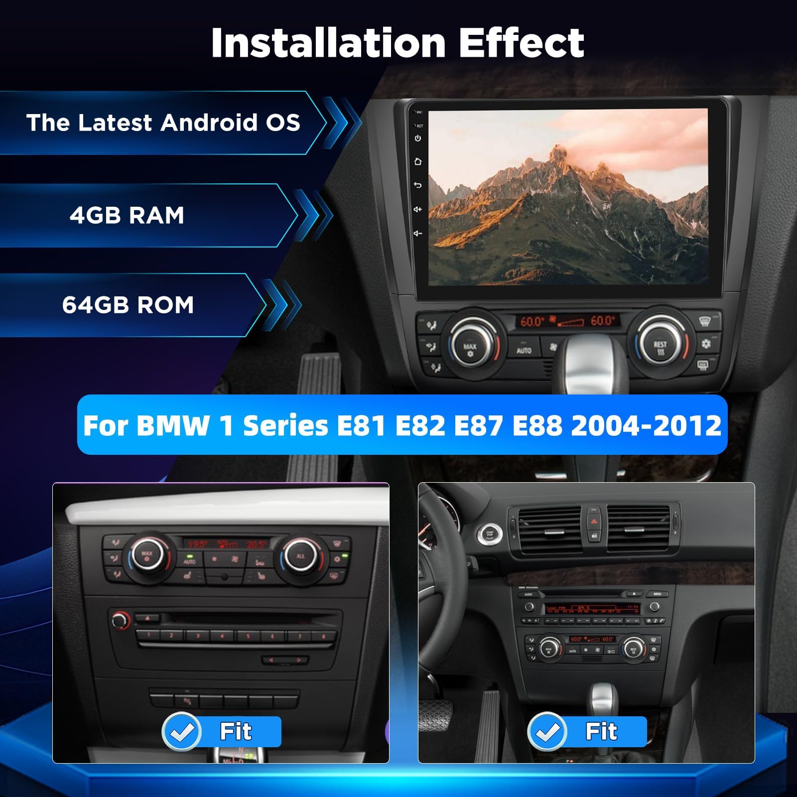 Autoradio Android 4+64G pour BMW Série 1 E81 E82 E87 E88 2004-2012, Écran Tactile 9 Pouces 2.5D 1280×720, CarPlay et Android Auto sans Fil, GPS WiFi Bluetooth, Son AI DSP + Caméra de recul AHD