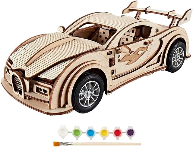 Think Gizmos TG905 - Wooden Racing Car - Build Your own Laser Cut Wood Car Kit with Engine Sounds and Lights for Adults and Kids - Building Craft Jigsaw Set