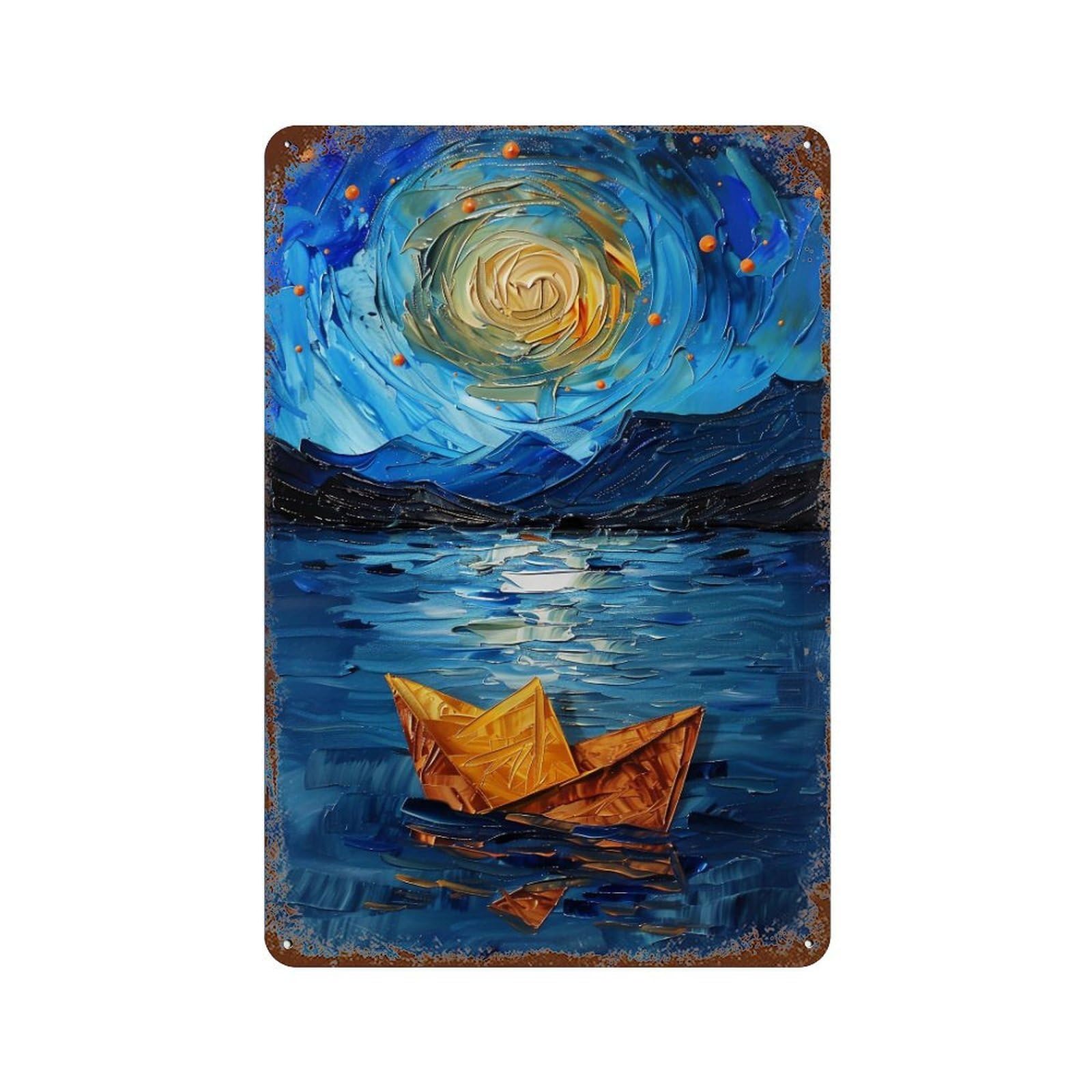 WIHYRTUI Van Gogh Style Twirl Blue Night Waterscape with Golden Vessel 03 Wall Retro Iron Metal Tin Sign Vintage Art Poster Modern Home Cofffee Club Art Bar Shop Decor Style 30x20cm